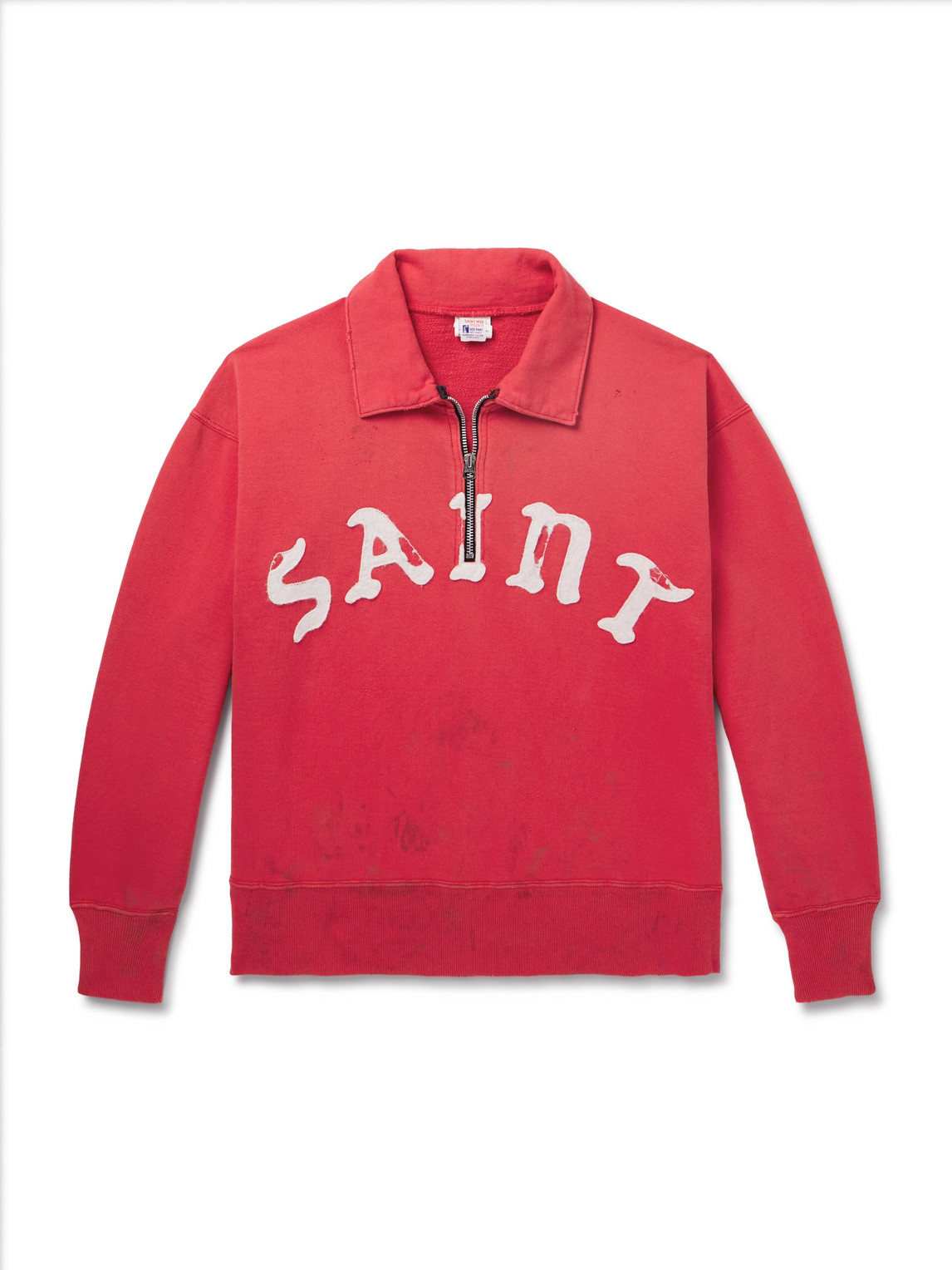 Saint Mxxxxxx Distressed Logo-appliquéd Cotton-jersey Half-zip Sweatshirt In Red