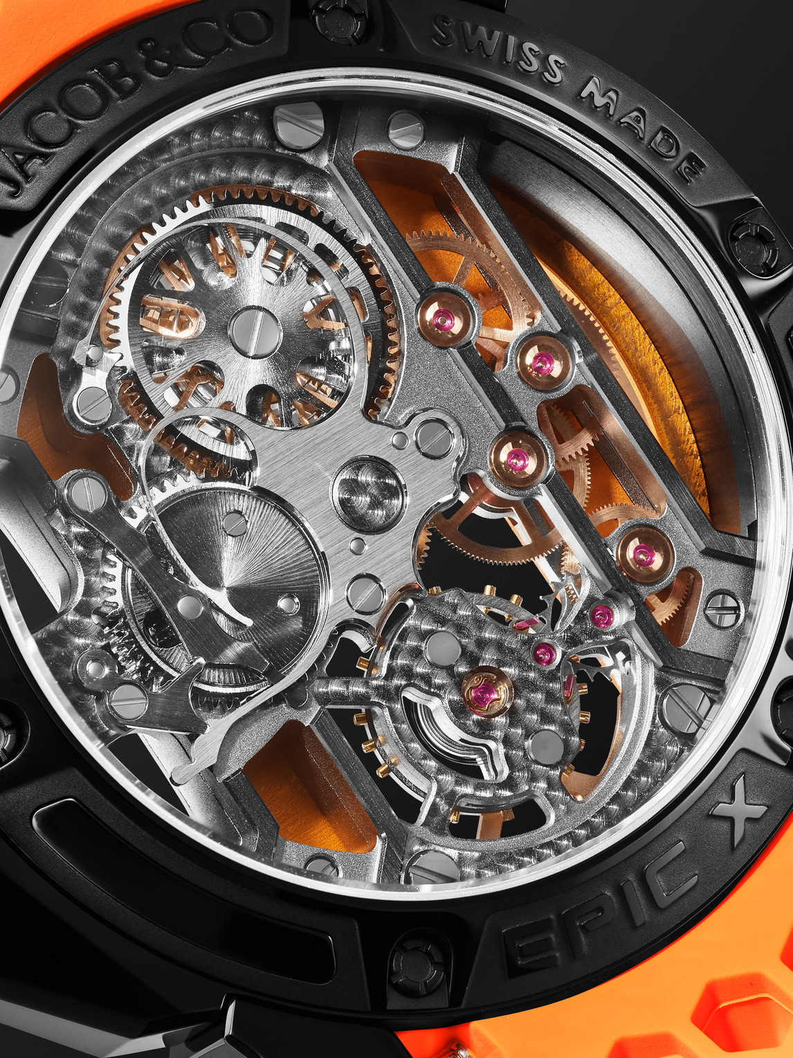 Shop Jacob & Co. Epic X Limited Edition Hand-wound Skeleton Chronograph 44mm Dlc-coated Stainless Steel And Rubber Wa In Orange