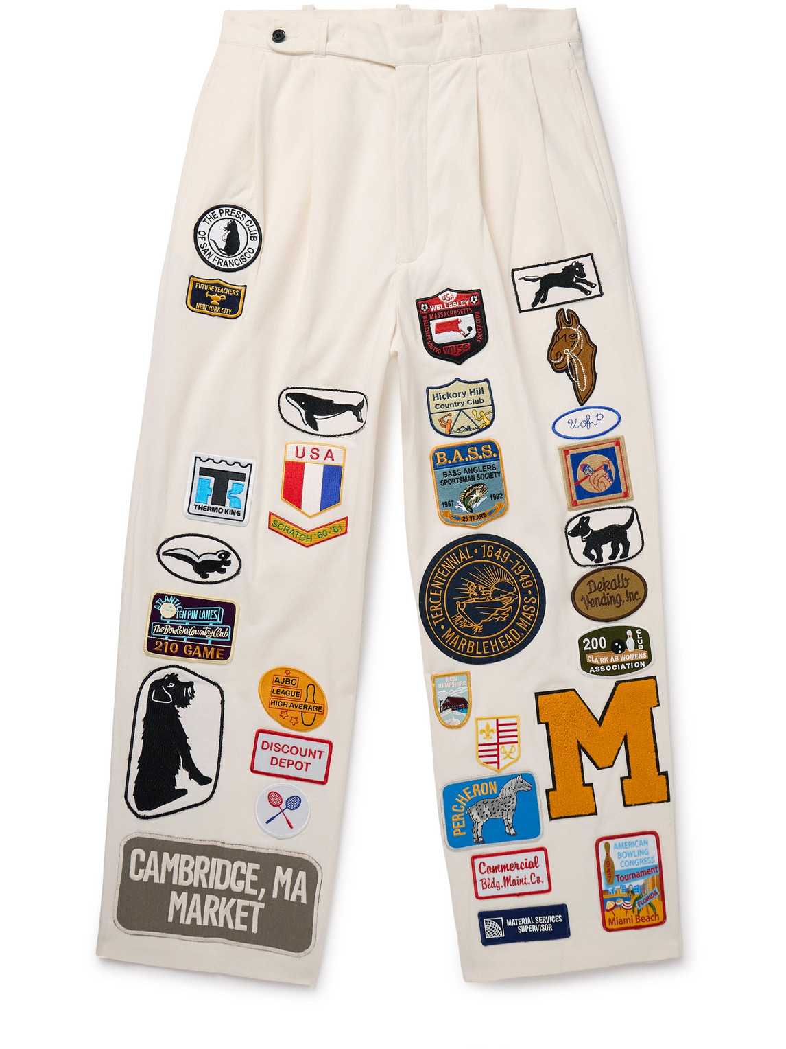 Bode Cambridge Mcnab Straight-leg Pleated Appliquéd Cotton-canvas Trousers In Neutrals