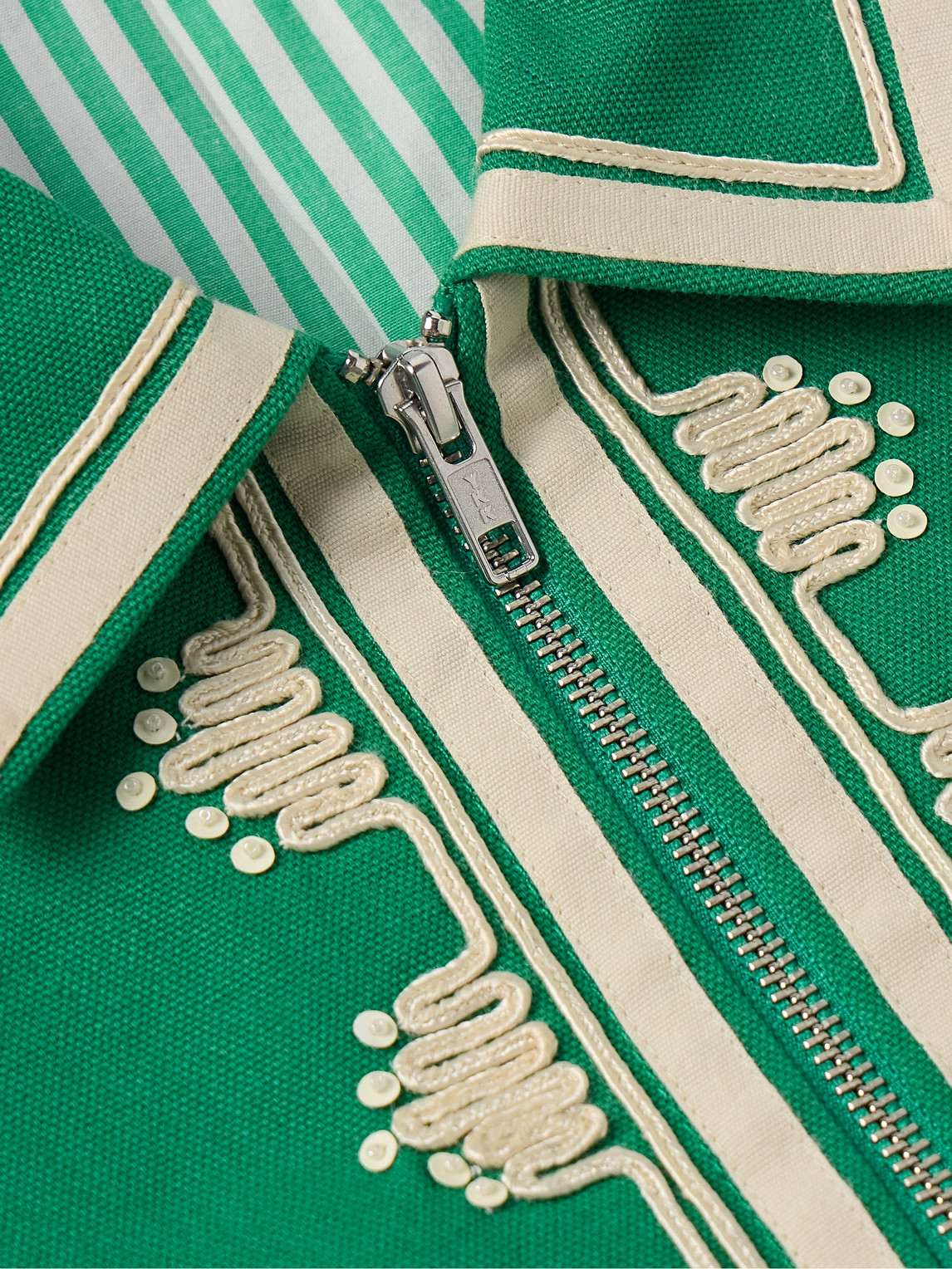 Shop Bode Ripple Embellished Grosgrain-trimmed Cotton-canvas Jacket In Green
