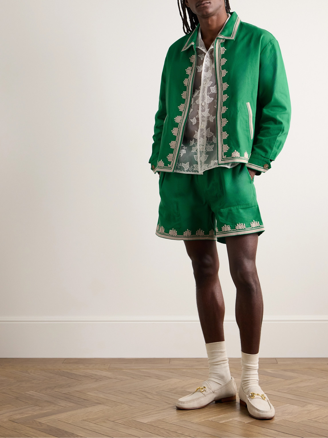 Shop Bode Ripple Embellished Grosgrain-trimmed Cotton-canvas Jacket In Green