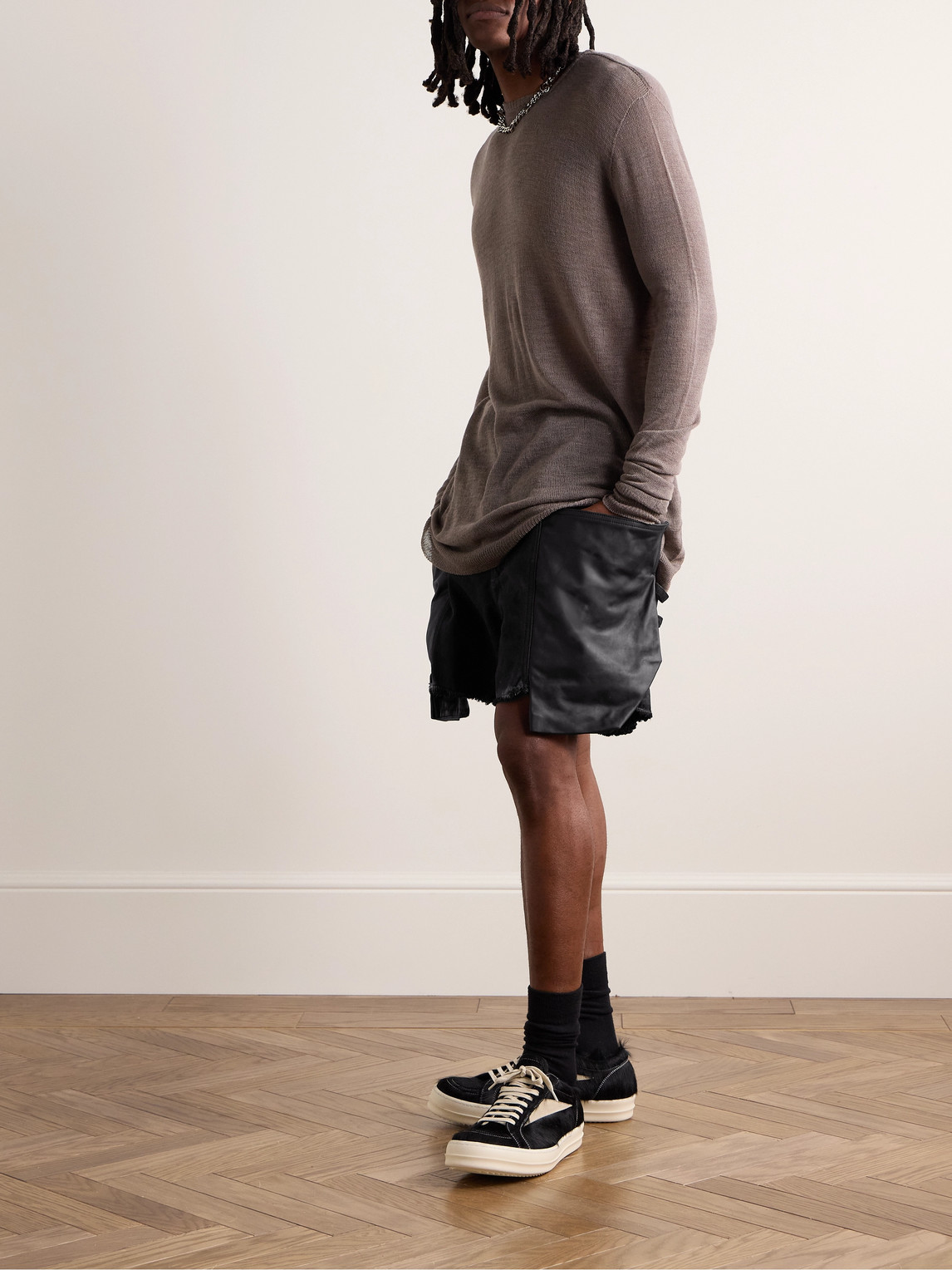 Shop Rick Owens Stefan Straight-leg Leather And Denim Shorts In Black