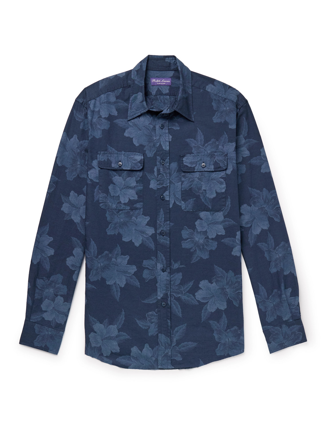 Ralph Lauren Purple Label Slim-fit Floral-print Cotton And Linen-blend Shirt In Blue
