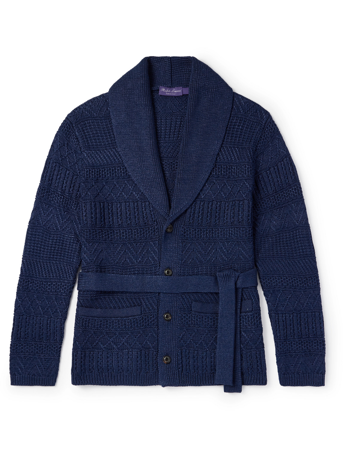 Ralph Lauren Purple Label Shawl-collar Belted Cable-knit Silk And Cotton-blend Cardigan In Blue