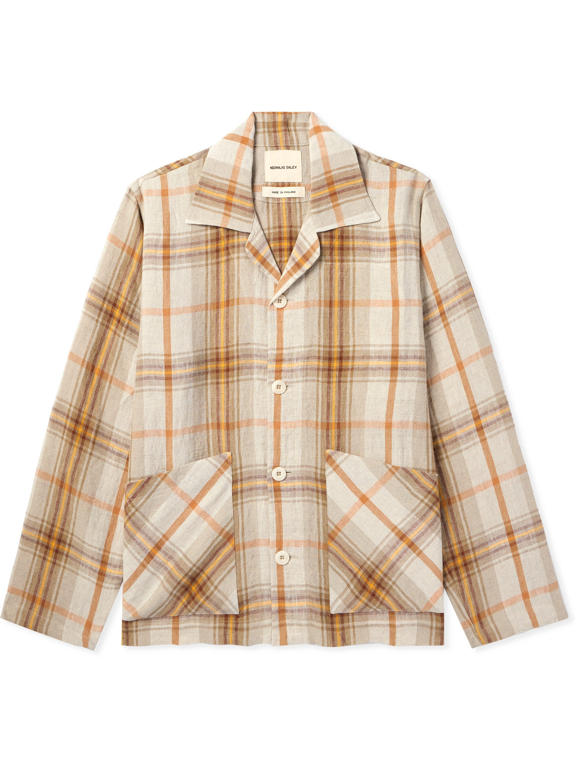 Nicholas Daley Camp-collar Checked Linen Overshirt In Neutral