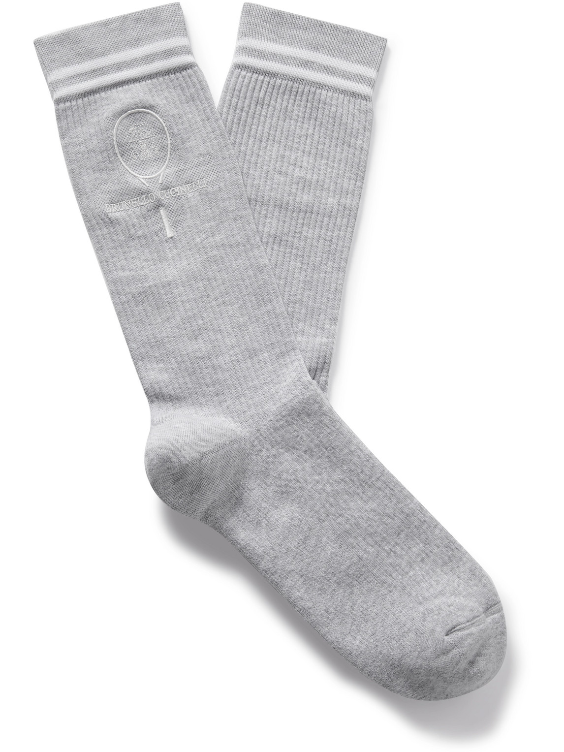Brunello Cucinelli Logo-embroidered Striped Ribbed Cotton-blend Socks In Gray