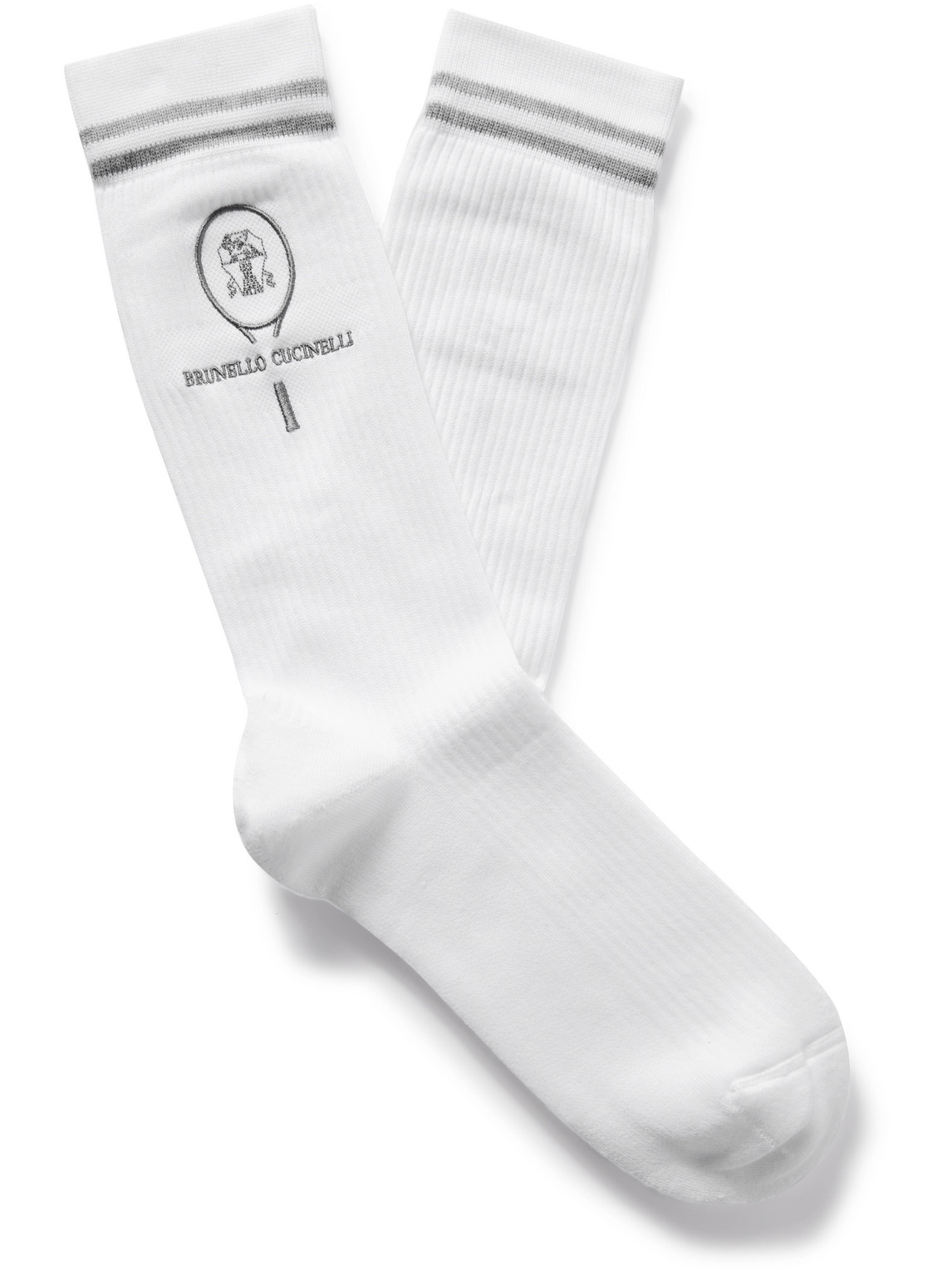 Brunello Cucinelli Logo-embroidered Striped Ribbed Cotton-blend Socks In White