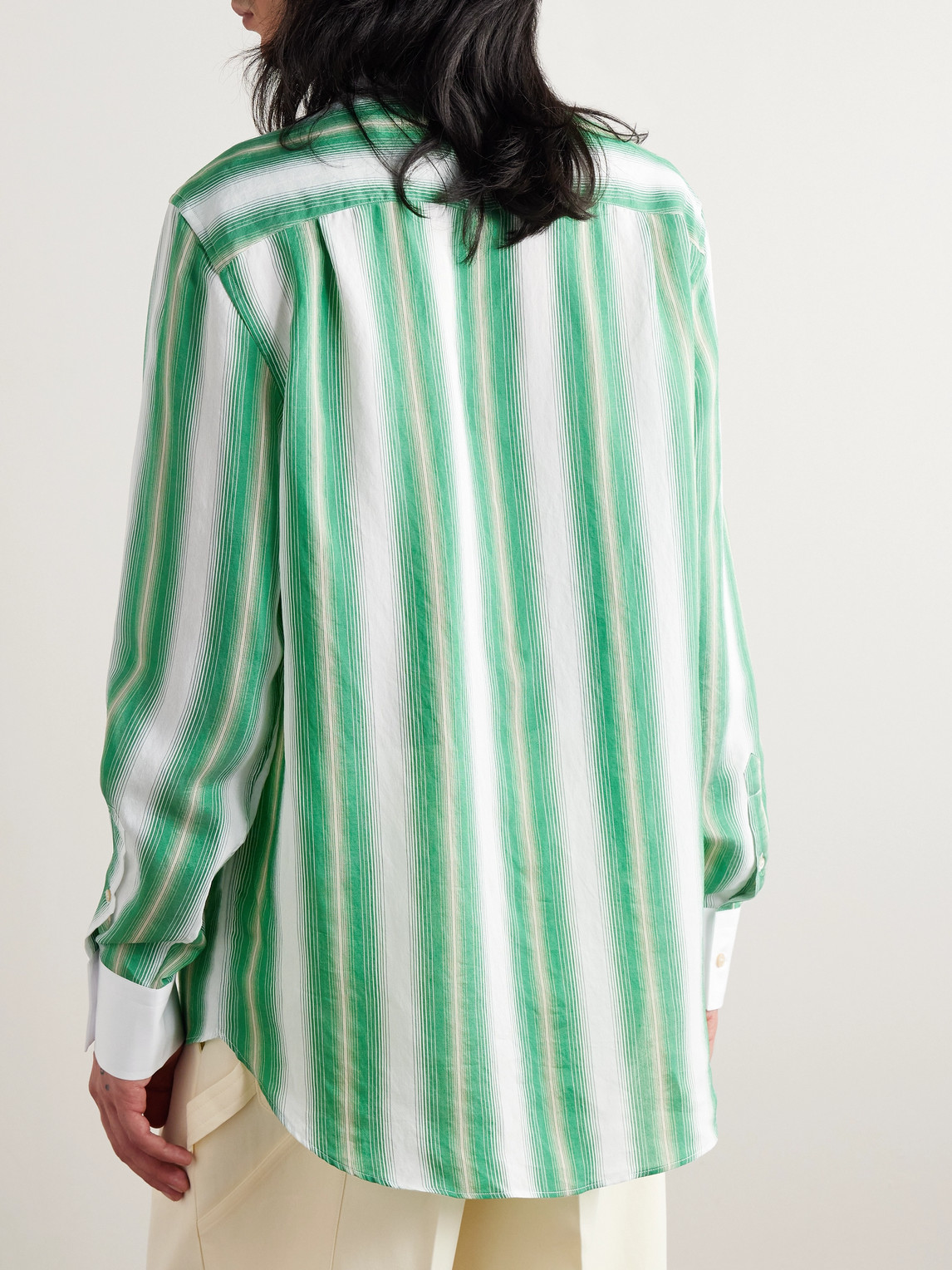 Shop Wales Bonner Cadence Grandad-collar Poplin-trimmed Striped Woven Shirt In Green