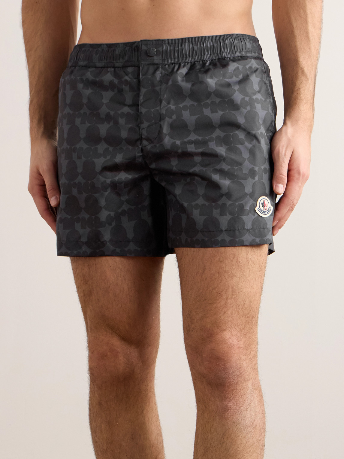 Shop Moncler Straight-leg Short-length Monogrammed Swim Shorts In Black