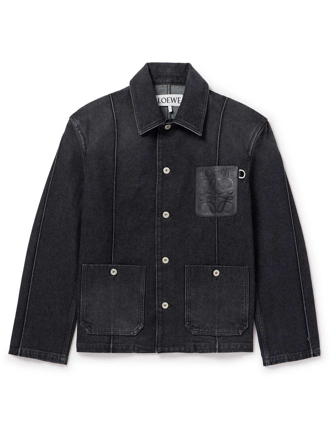 Loewe Logo-debossed Leather-trimmed Denim Jacket In Black