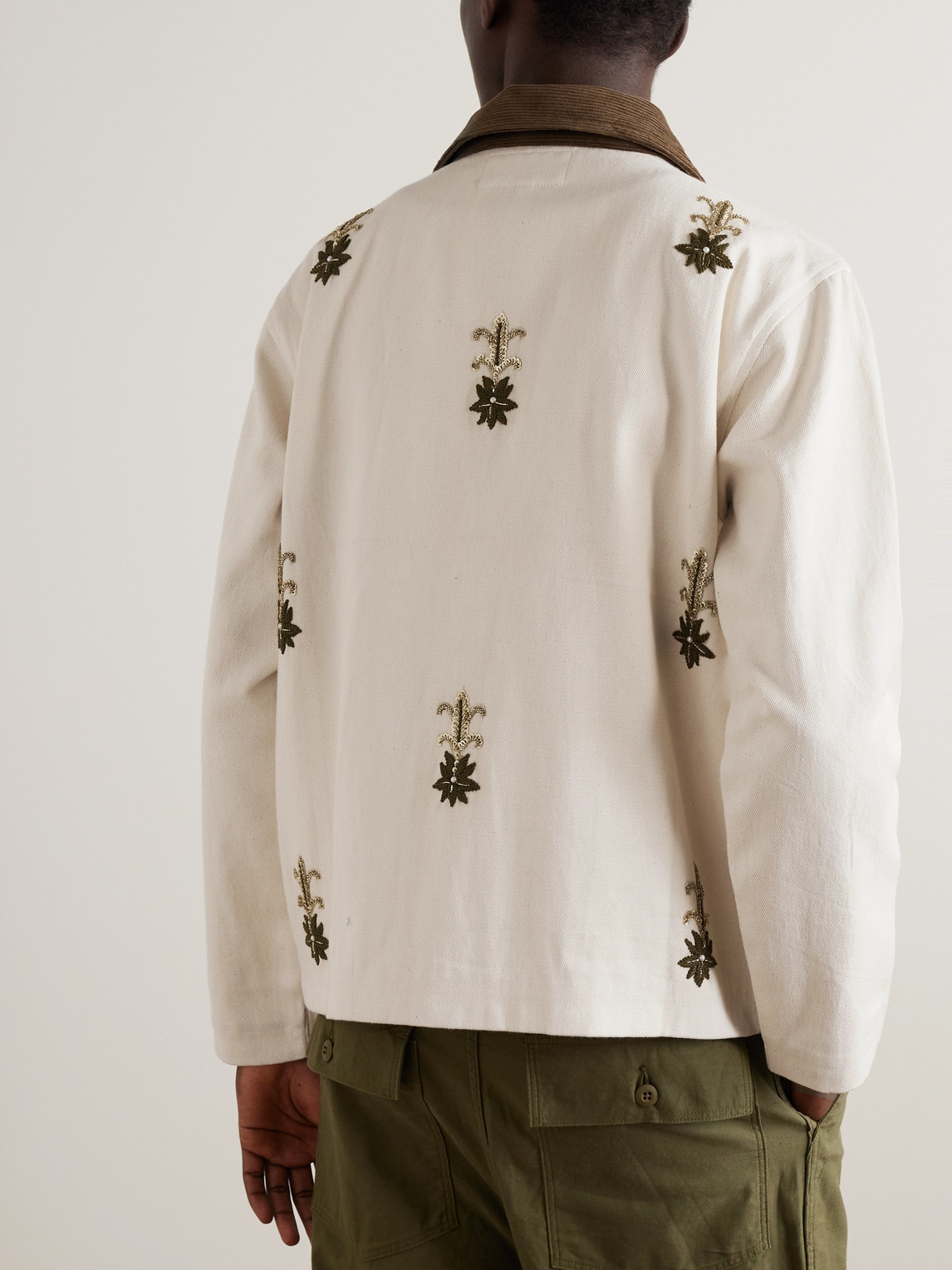 Shop Kartik Research Corduroy-trimmed Embroidered Cotton-twill Jacket In Neutrals