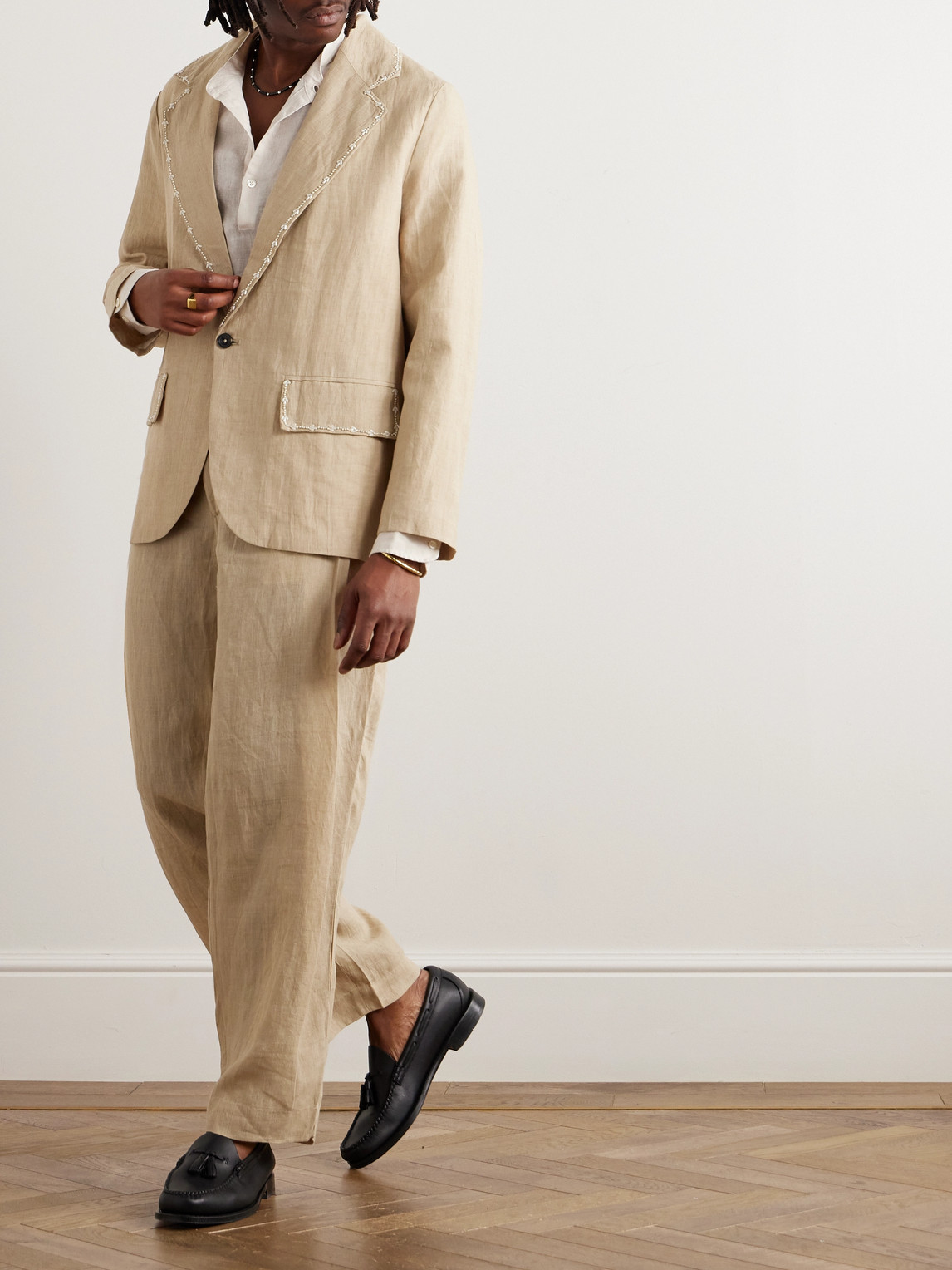 Shop Kartik Research Faux Pearl-embellished Linen Suit Jacket In Neutrals