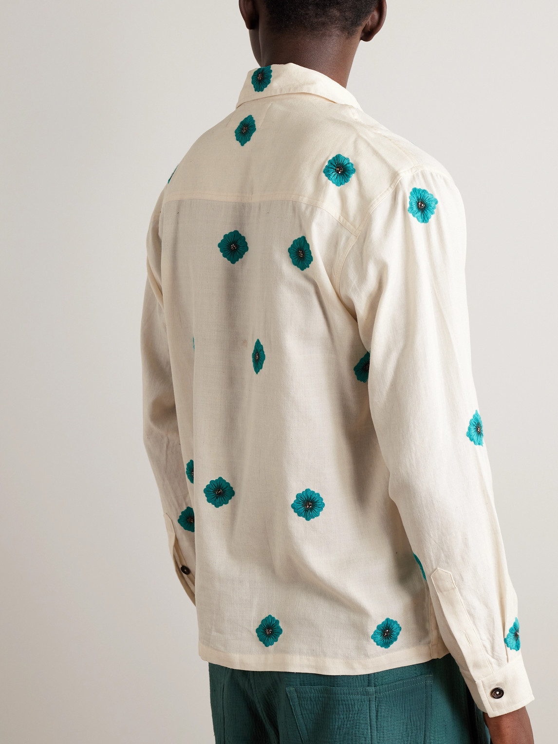 Shop Kartik Research Camp-collar Embellished Embroidered Cotton-jacquard Shirt In Neutrals