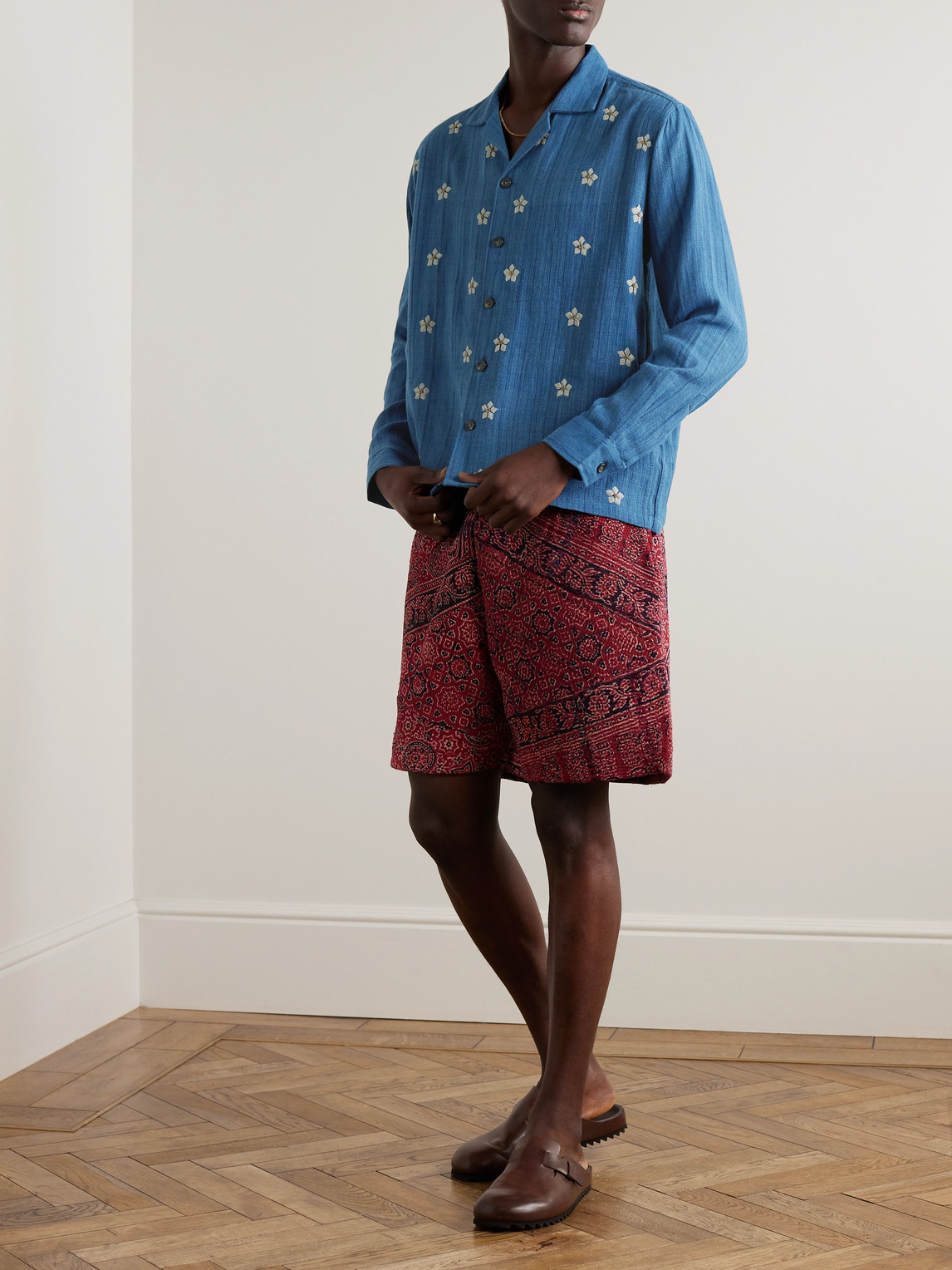 Shop Kartik Research Beaded Embroidered Cotton-jacquard Shirt In Blue