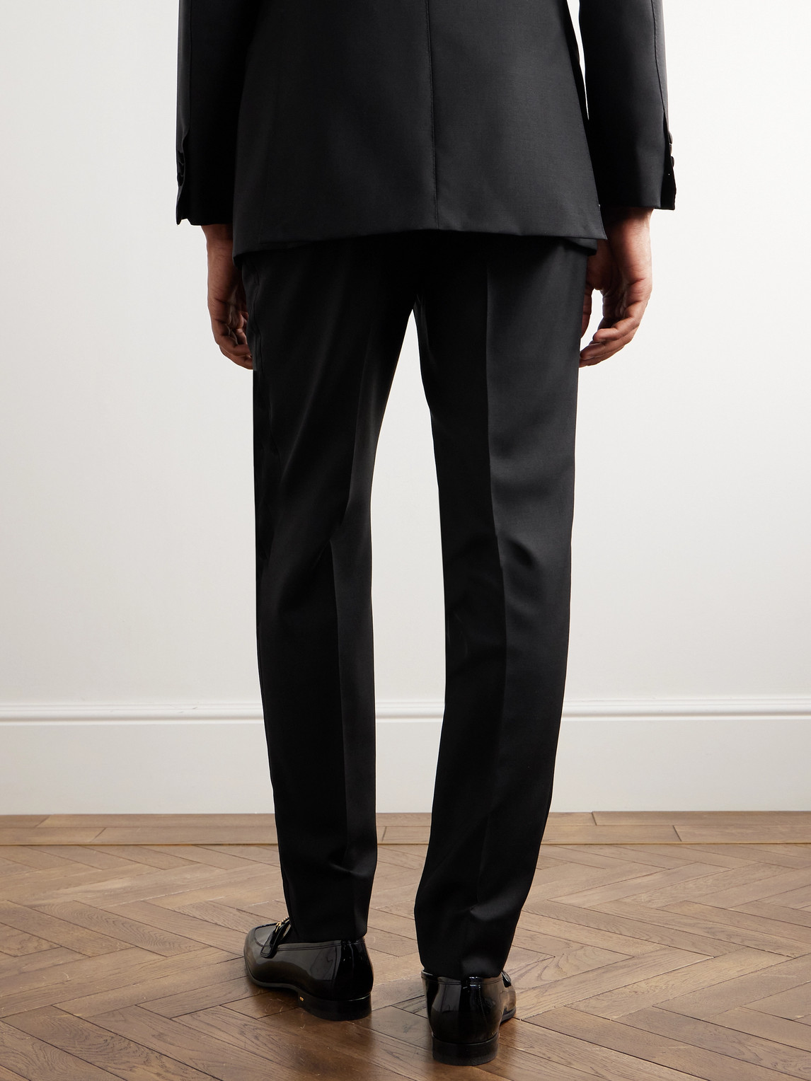 Shop Saman Amel Straight-leg Pleated Wool Tuxedo Trousers In Black