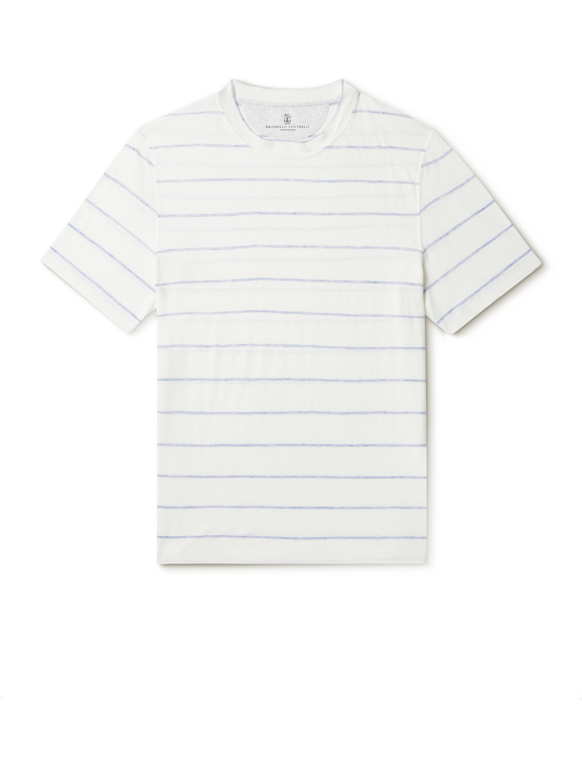 Brunello Cucinelli Striped Linen And Cotton-blend T-shirt In Blue