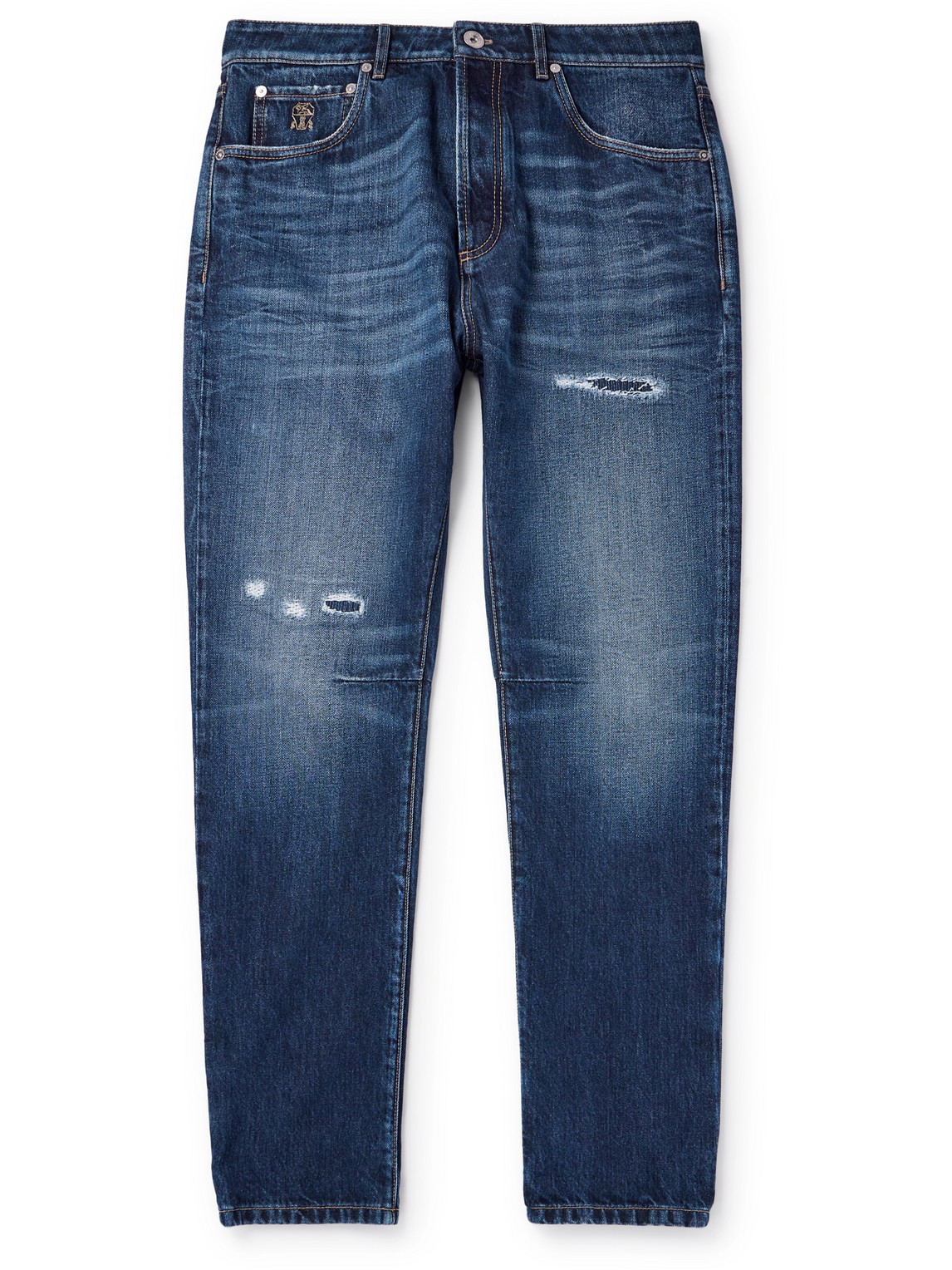 Brunello Cucinelli Slim-fit Tapered Logo-embroidered Distressed Jeans In Blue