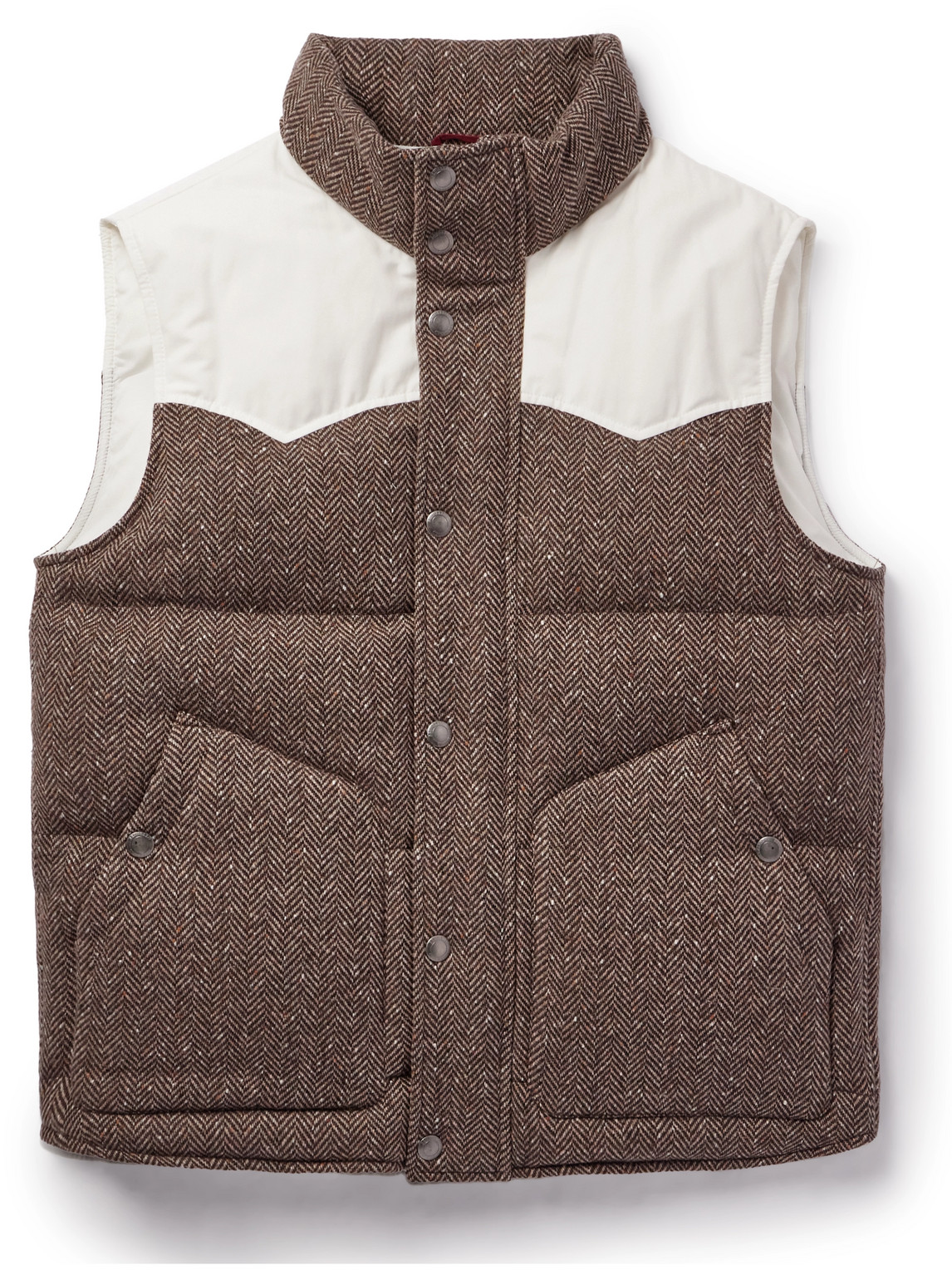 Brunello Cucinelli Cotton-blend And Herringbone Wool And Cashmere-blend Down Gilet In Brown