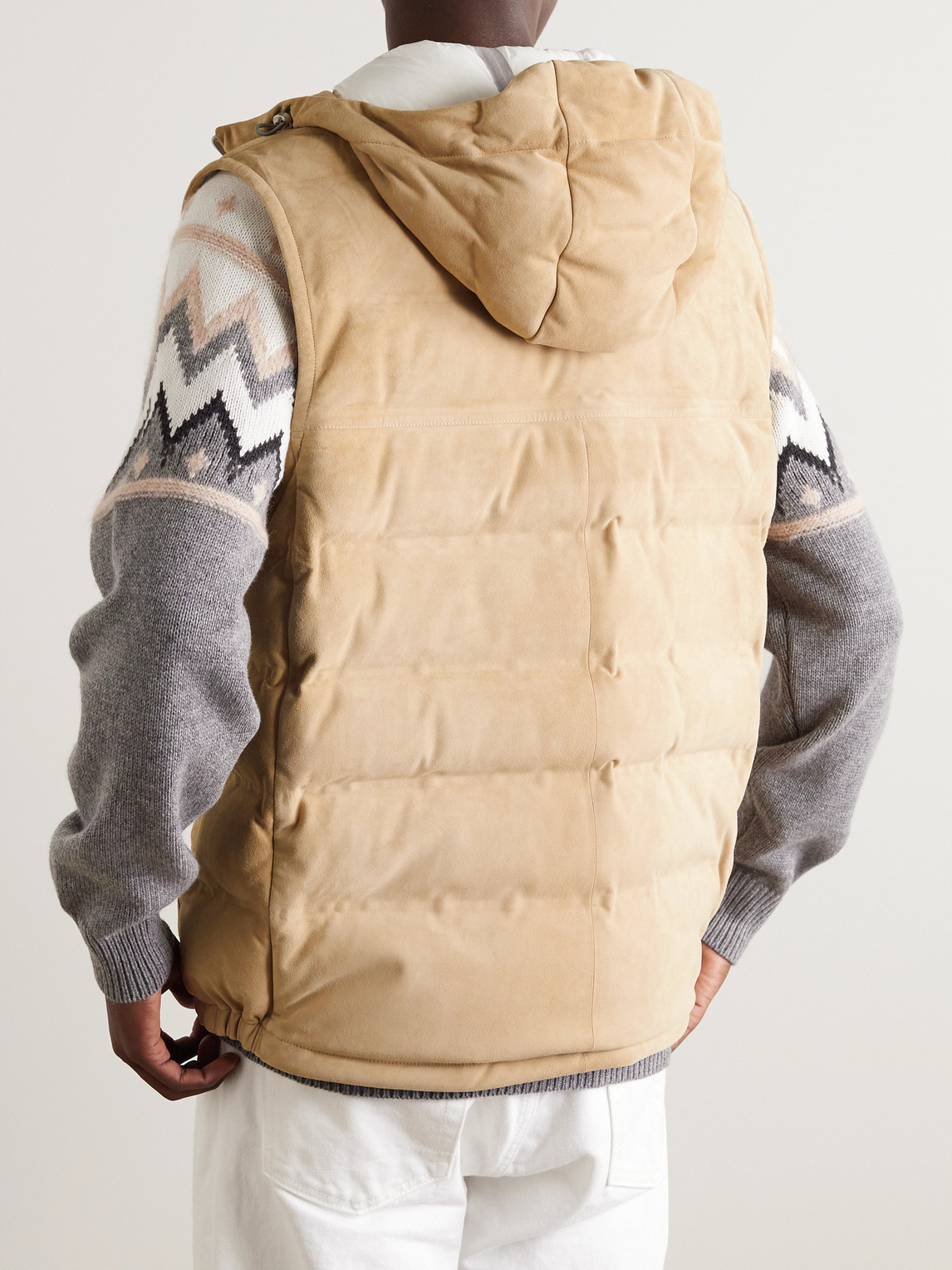 Shop Brunello Cucinelli Quilted Suede Hooded Down Gilet In Neutrals