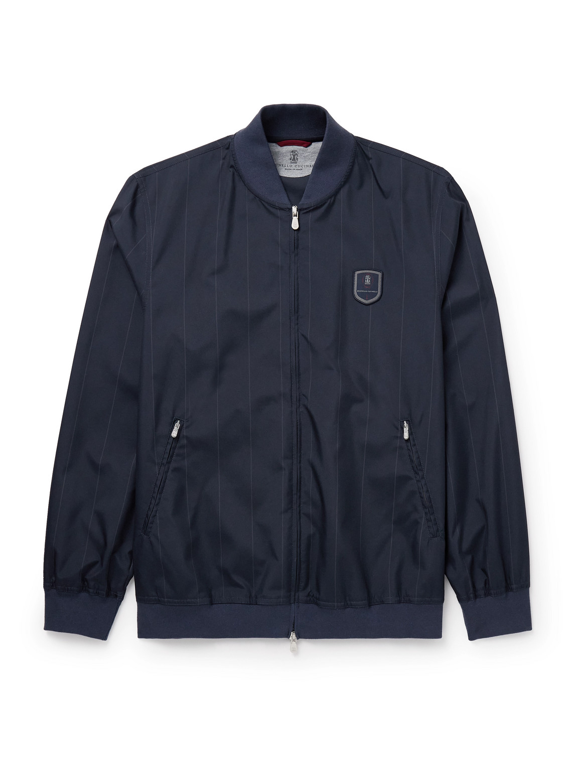 Brunello Cucinelli Logo-appliquéd Pinstriped Twill Tennis Bomber Jacket In Blue