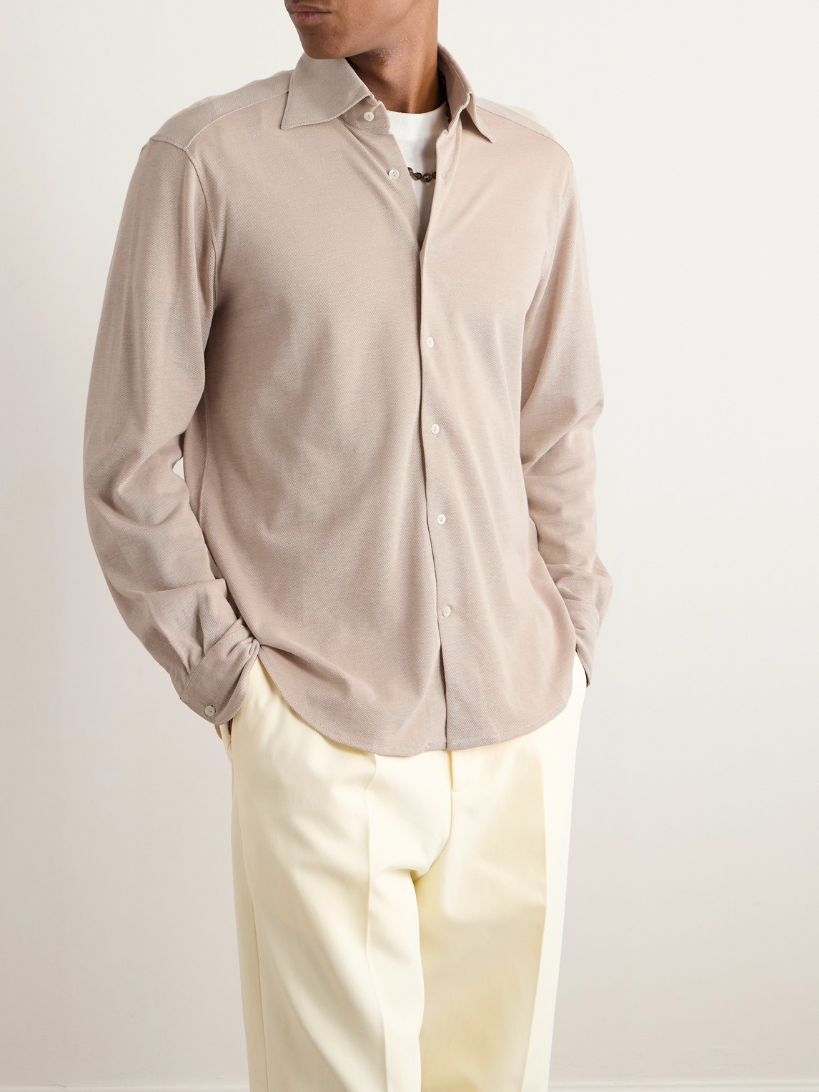 Shop Stòffa Spread-collar Cotton And Silk-blend Piqué Shirt In Neutrals