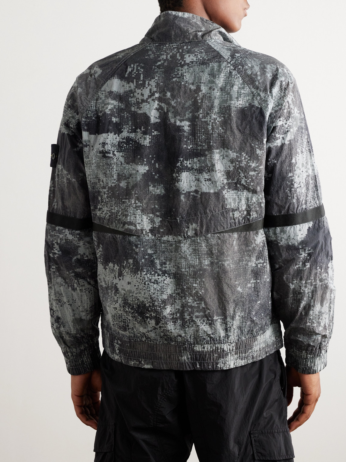 Shop Stone Island Mesh-trimmed Logo-appliquéd Camouflage-print Shell Bomber Jacket In Gray