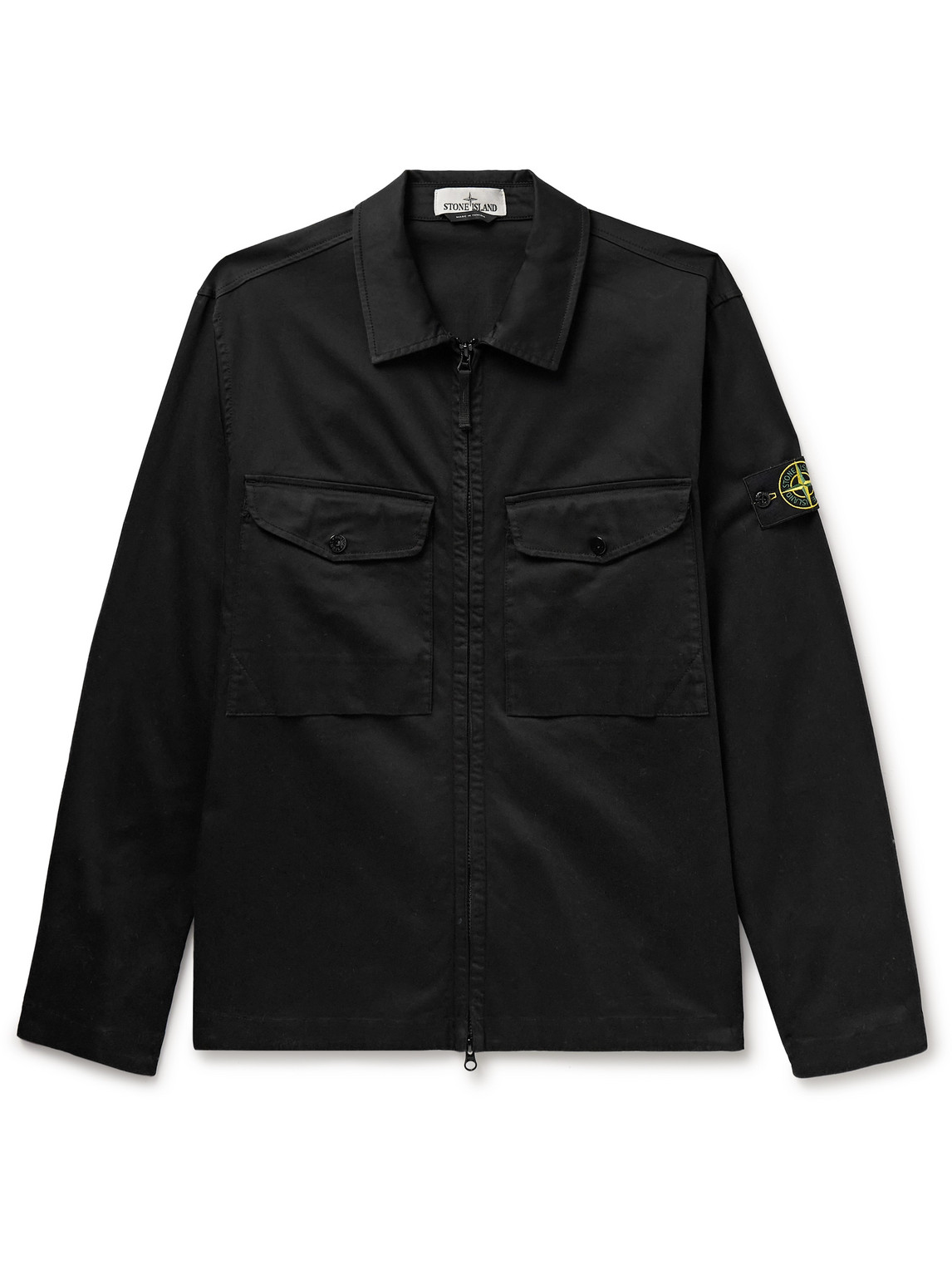 Stone Island Logo-appliquéd Garment-dyed Cotton-blend Sateen Overshirt In Black