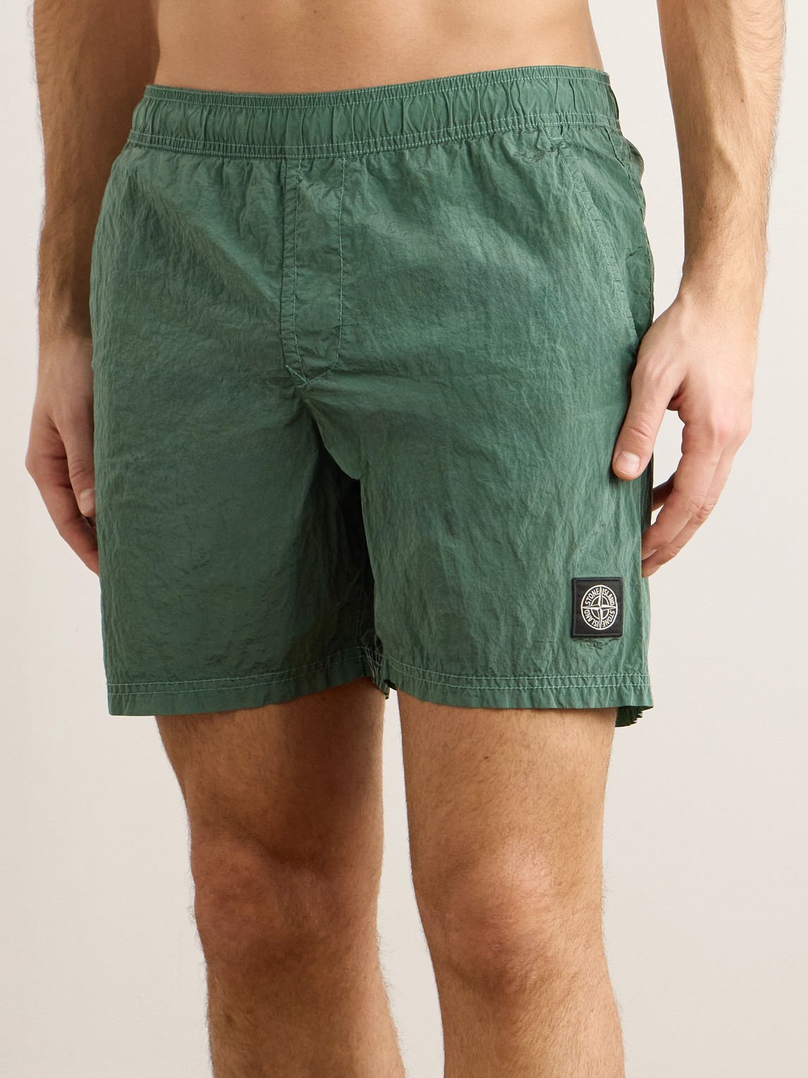 Shop Stone Island Straight-leg Mid-length Logo-appliquéd Nylon Metal Swim Shorts In Green