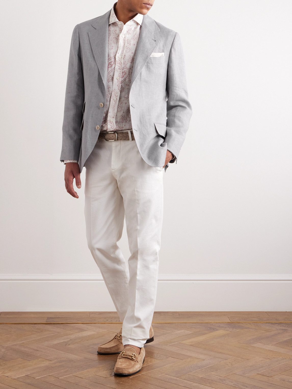 Shop Brunello Cucinelli Slim-fit Linen Suit Jacket In Gray