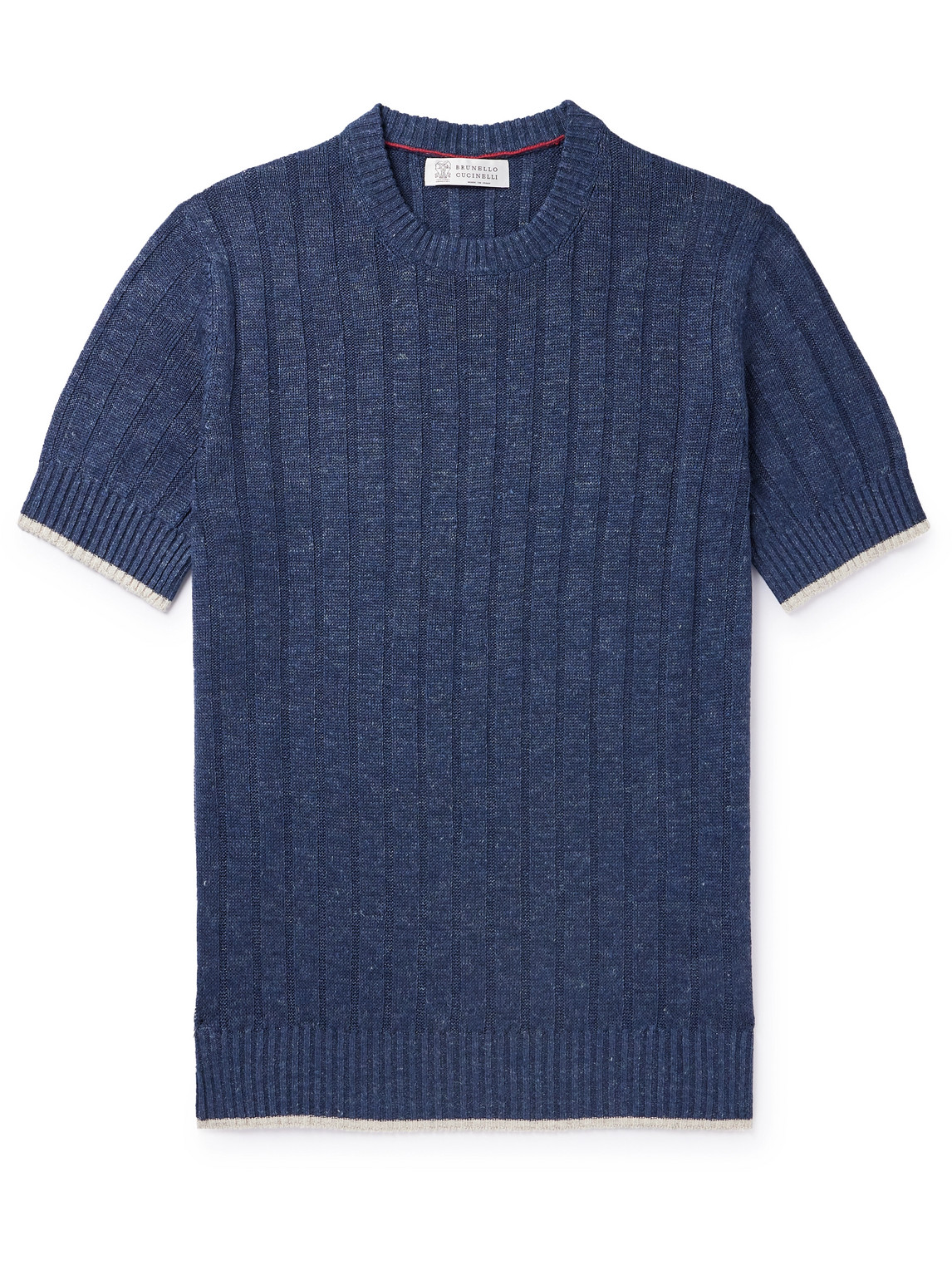 Brunello Cucinelli Contrast-tipped Linen And Cotton-blend T-shirt In Blue