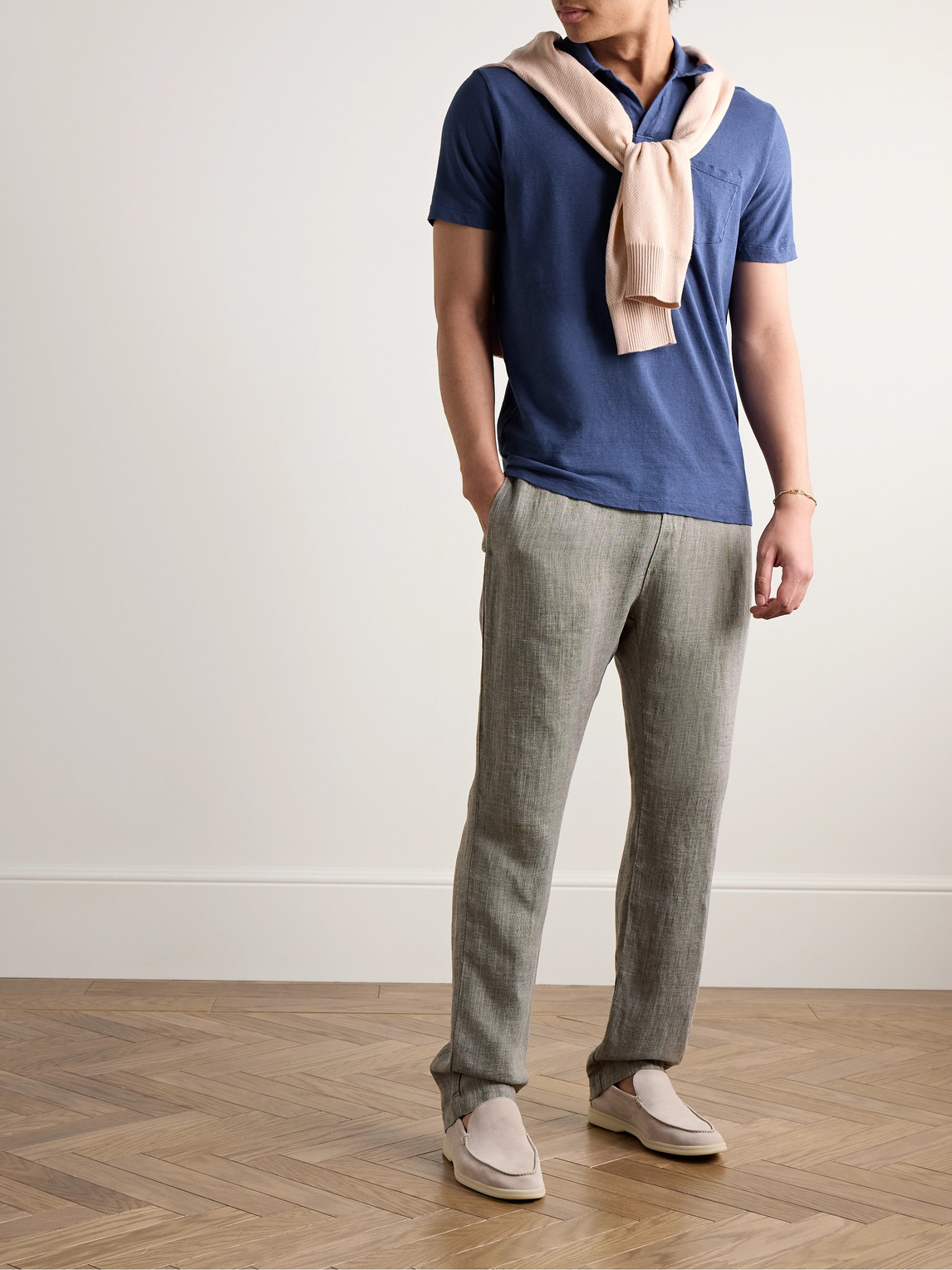 Shop Altea Dennis Cotton And Linen-blend Polo Shirt In Blue