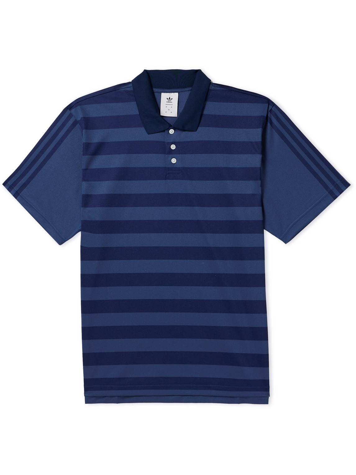 Adidas Originals Pop Trading Company Logo-print Striped Recycled-piqué Polo Shirt In Blue