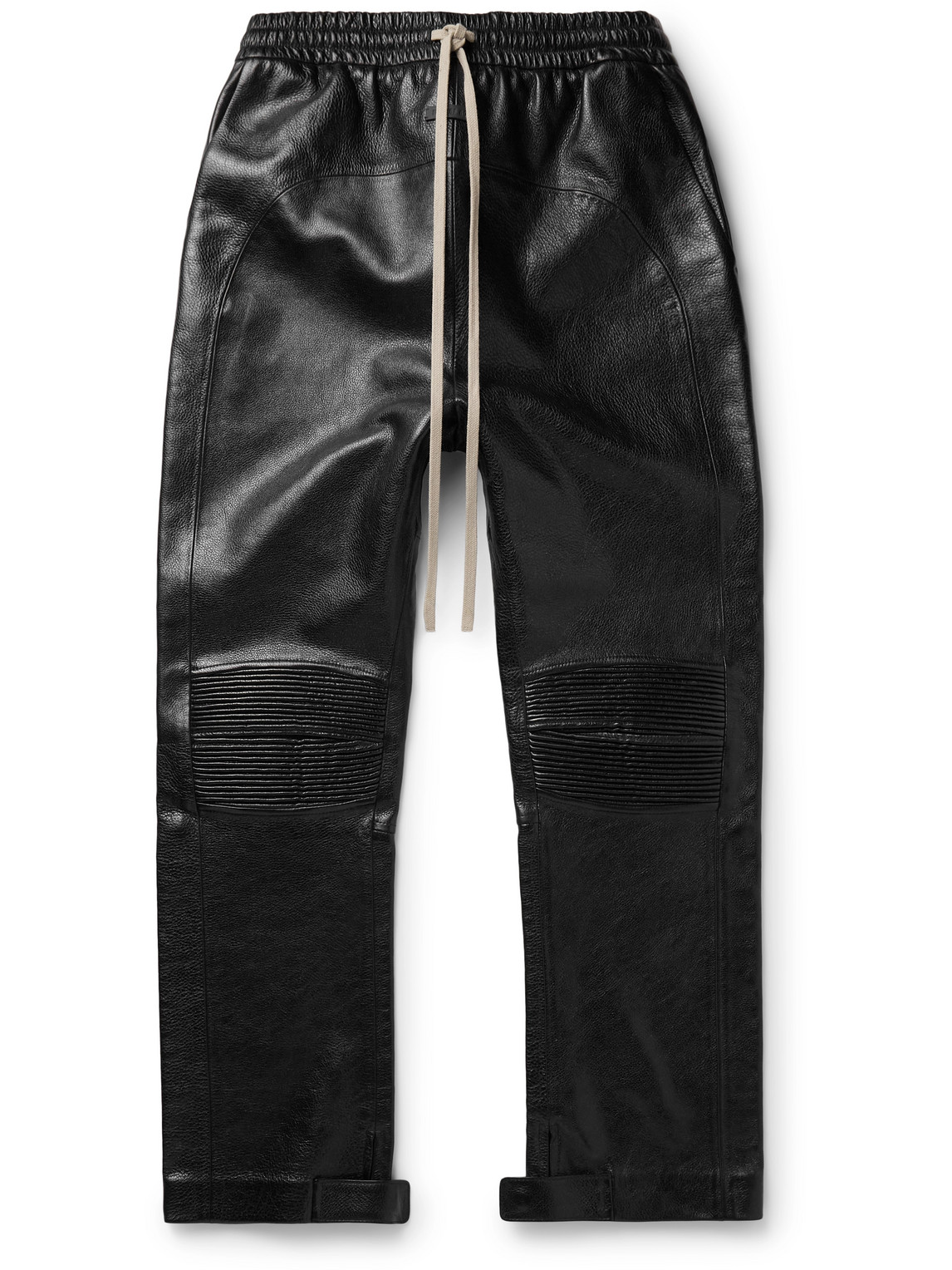 Fear Of God Slim-fit Straight-leg Full-grain Leather Drawstring Trousers In Black