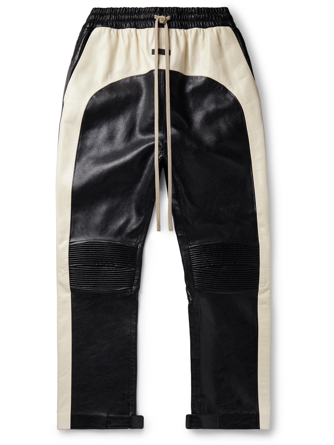 Fear Of God Slim-fit Straight-leg Two-tone Full-grain Leather Drawstring Trousers In Black