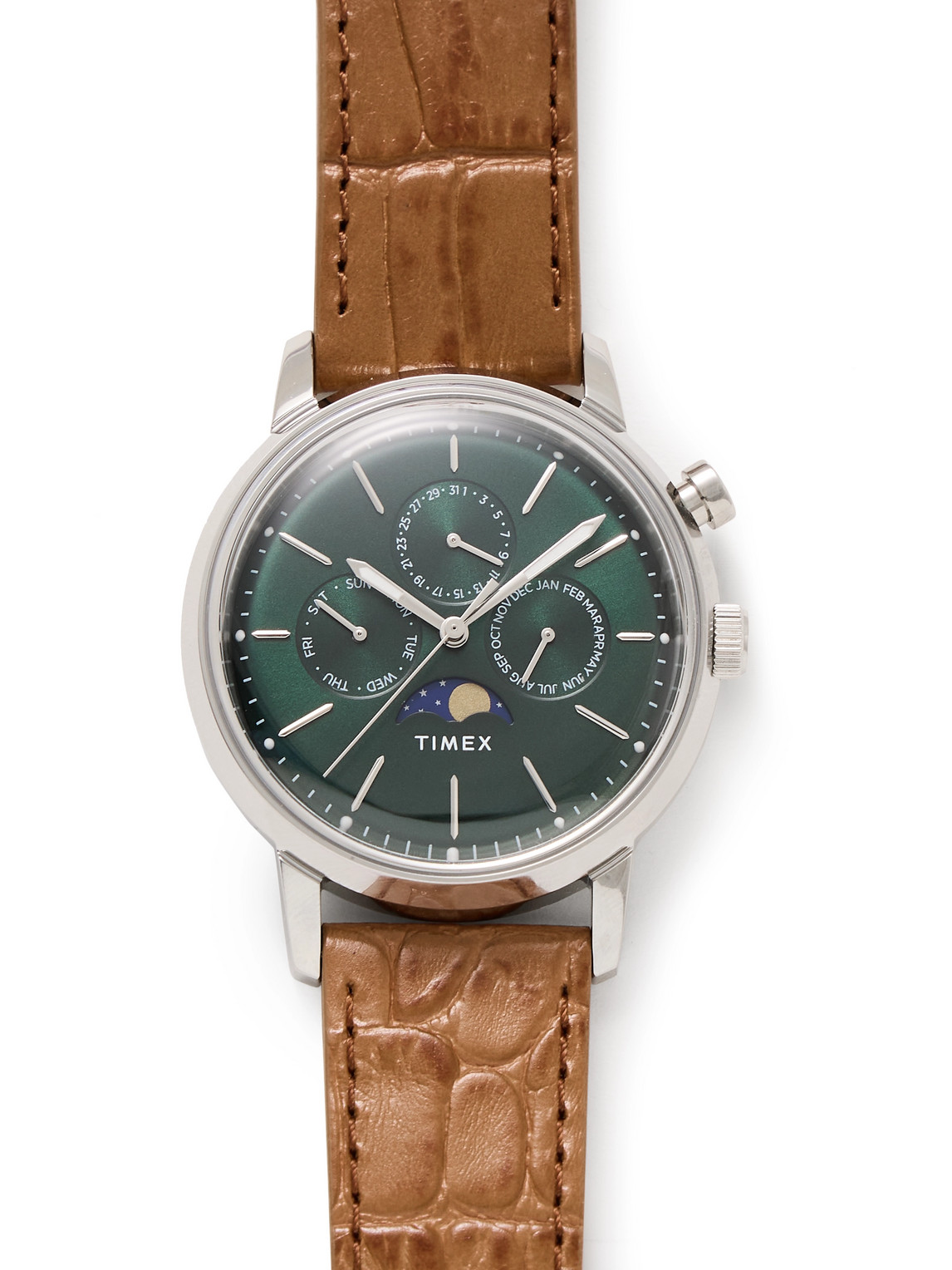 Timex Marlin® Moon Phase 40mm Stainless Steel And Croc-effect Leather Watch In Brown