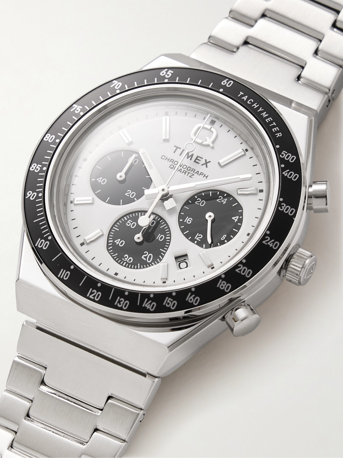 Shop Timex Q Chronograph 40mm Stainless Steel Watch In Silver
