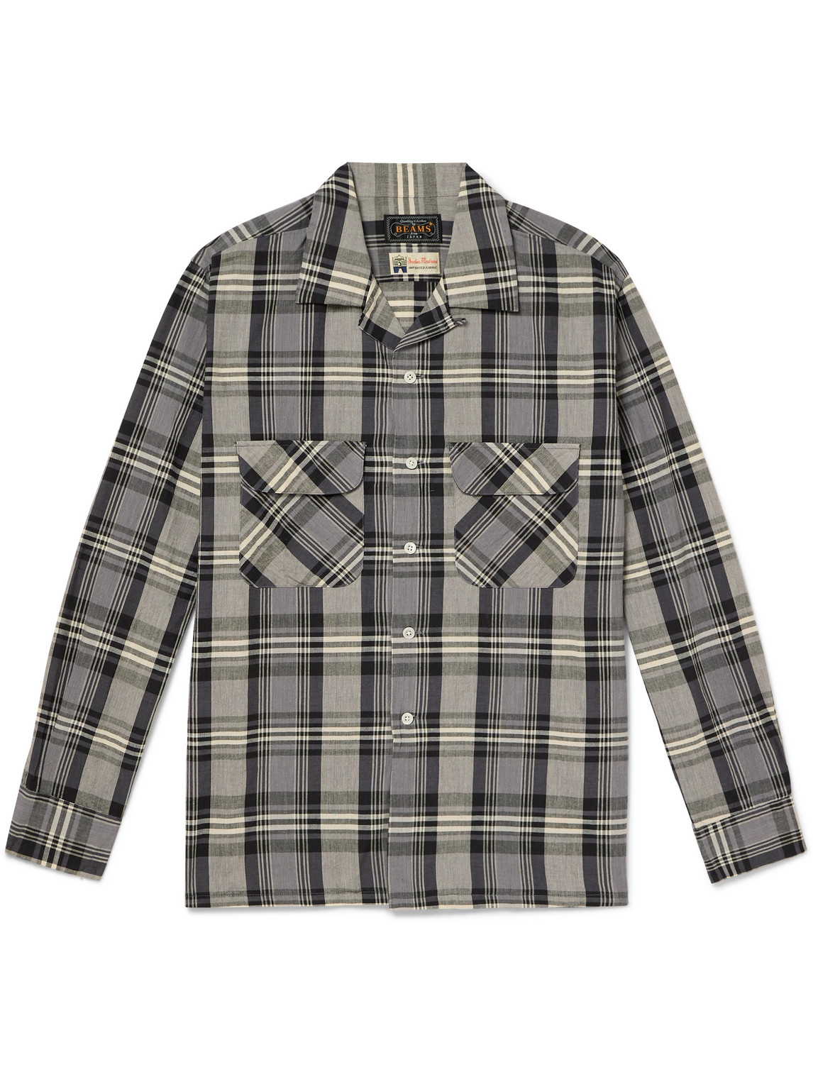 Beams Convertible-collar Checked Cotton Shirt In Gray