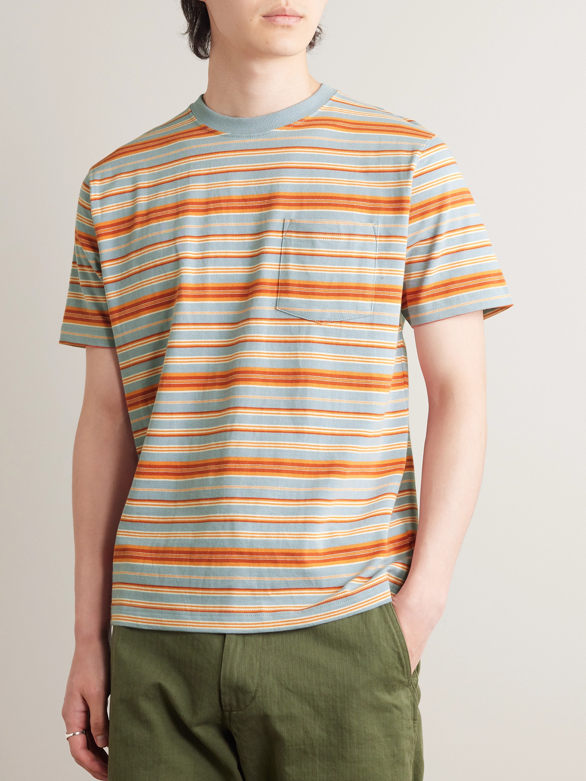 Shop Beams Striped Cotton-jersey T-shirt In Orange