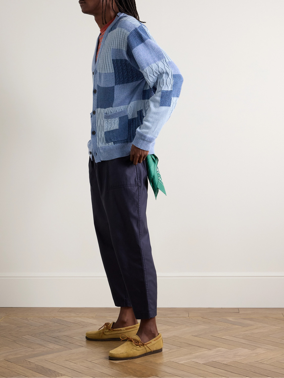 Shop Beams Patchwork Linen And Cotton-blend Cardigan In Blue