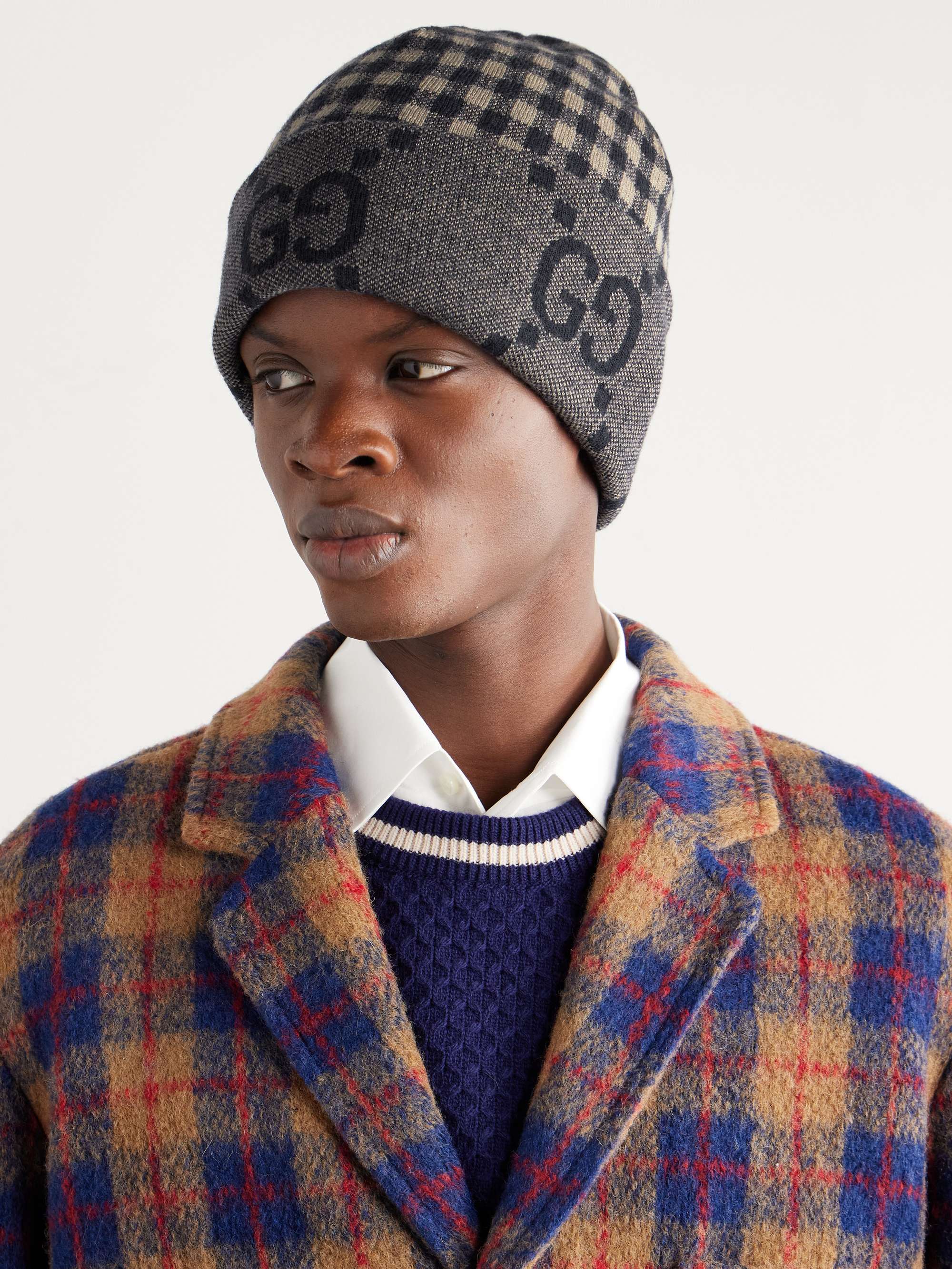 GUCCI Reversible Logo-Jacquard and Checked Wool Beanie for Men | MR PORTER