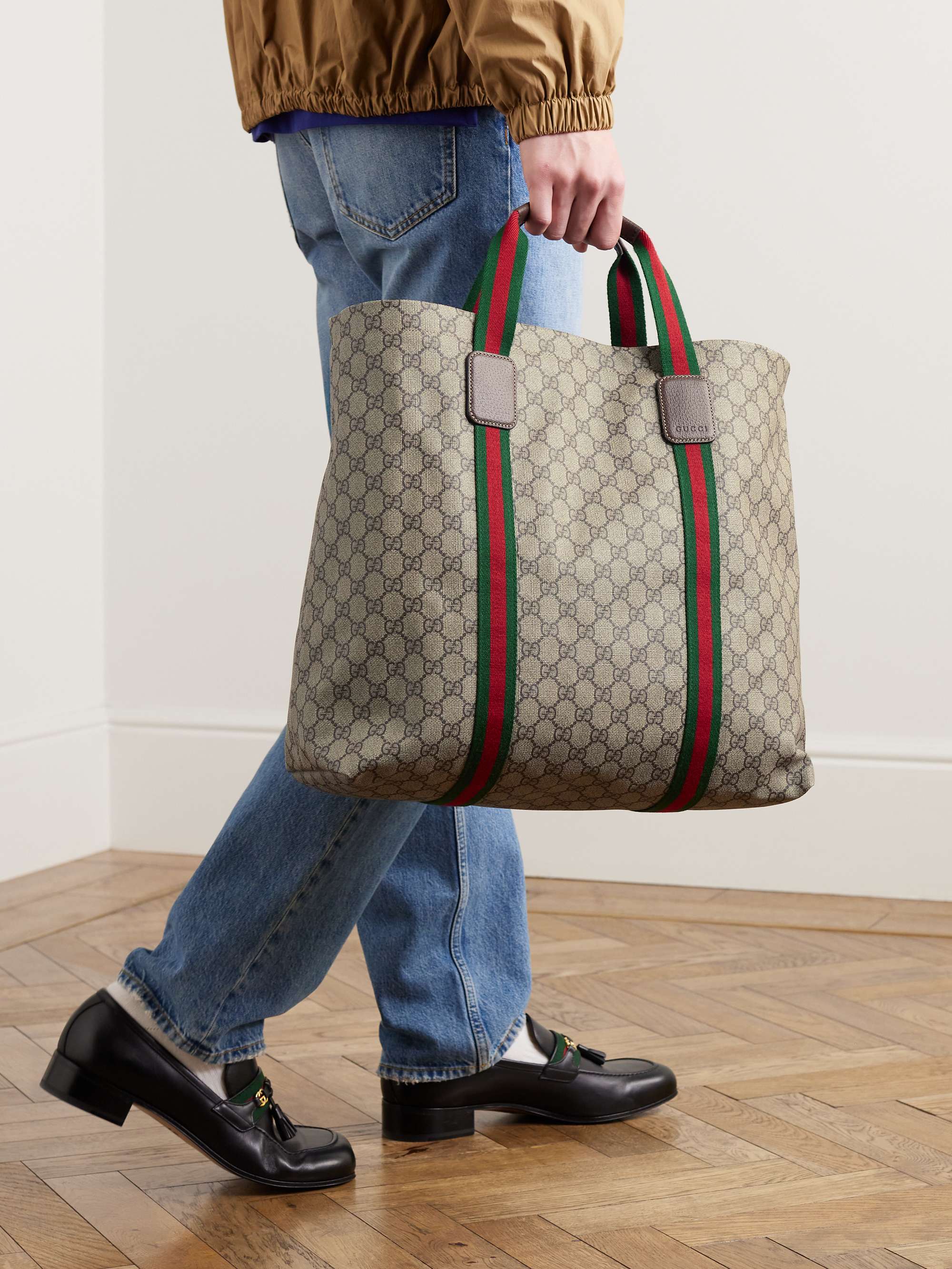 GUCCI GG Supreme Leather-Trimmed Monogrammed Coated-Canvas Tote Bag for Men