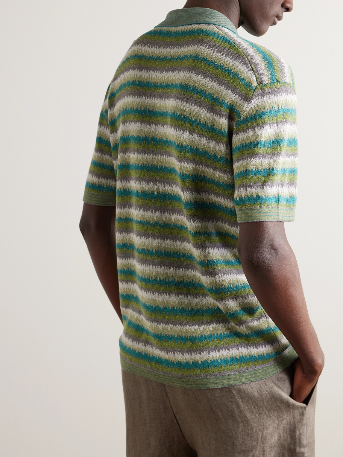 Shop Piacenza 1733 Jacquard-knit Striped Silk And Linen-blend Polo Shirt In Green
