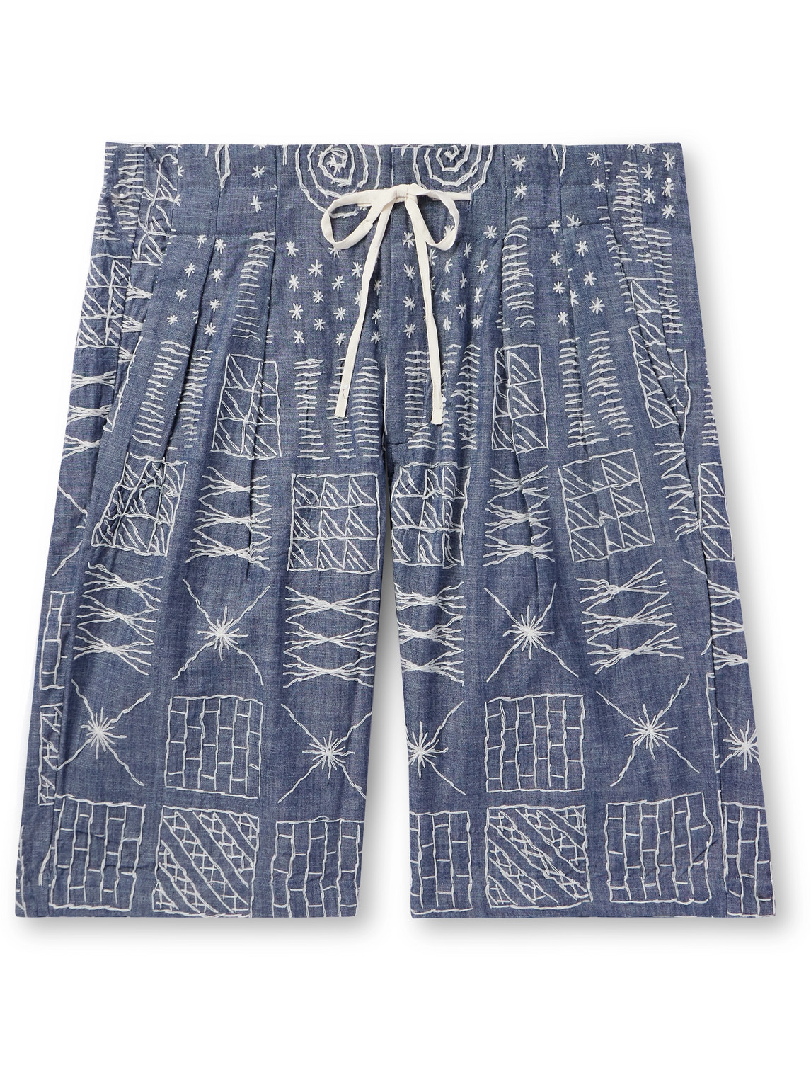 Monitaly Wide-leg Pleated Embroidered Cotton-chambray Drawstring Shorts In Blue
