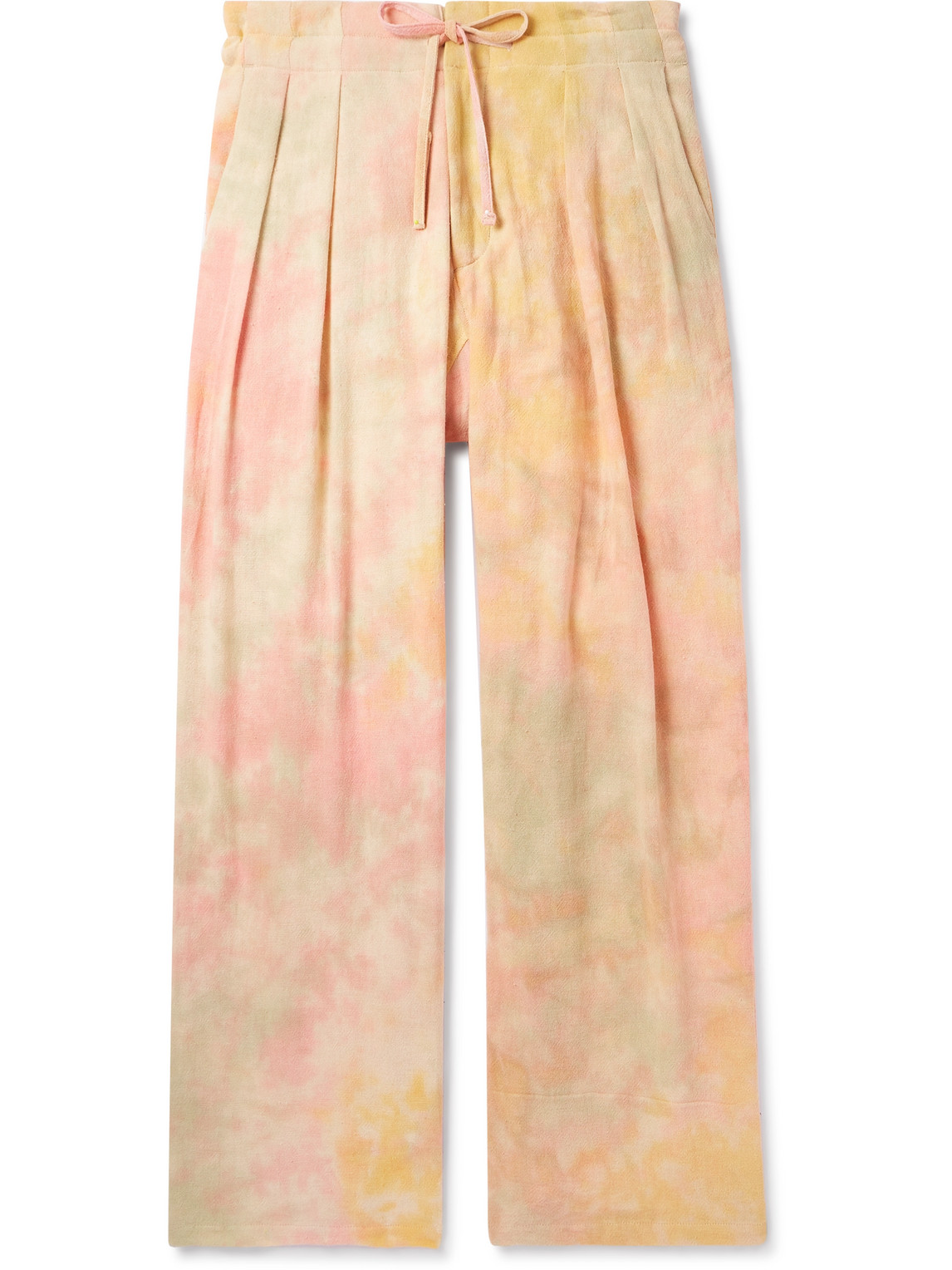 Wide-Leg Pleated Tie-Dyed Cotton-Gauze Drawstring Trousers