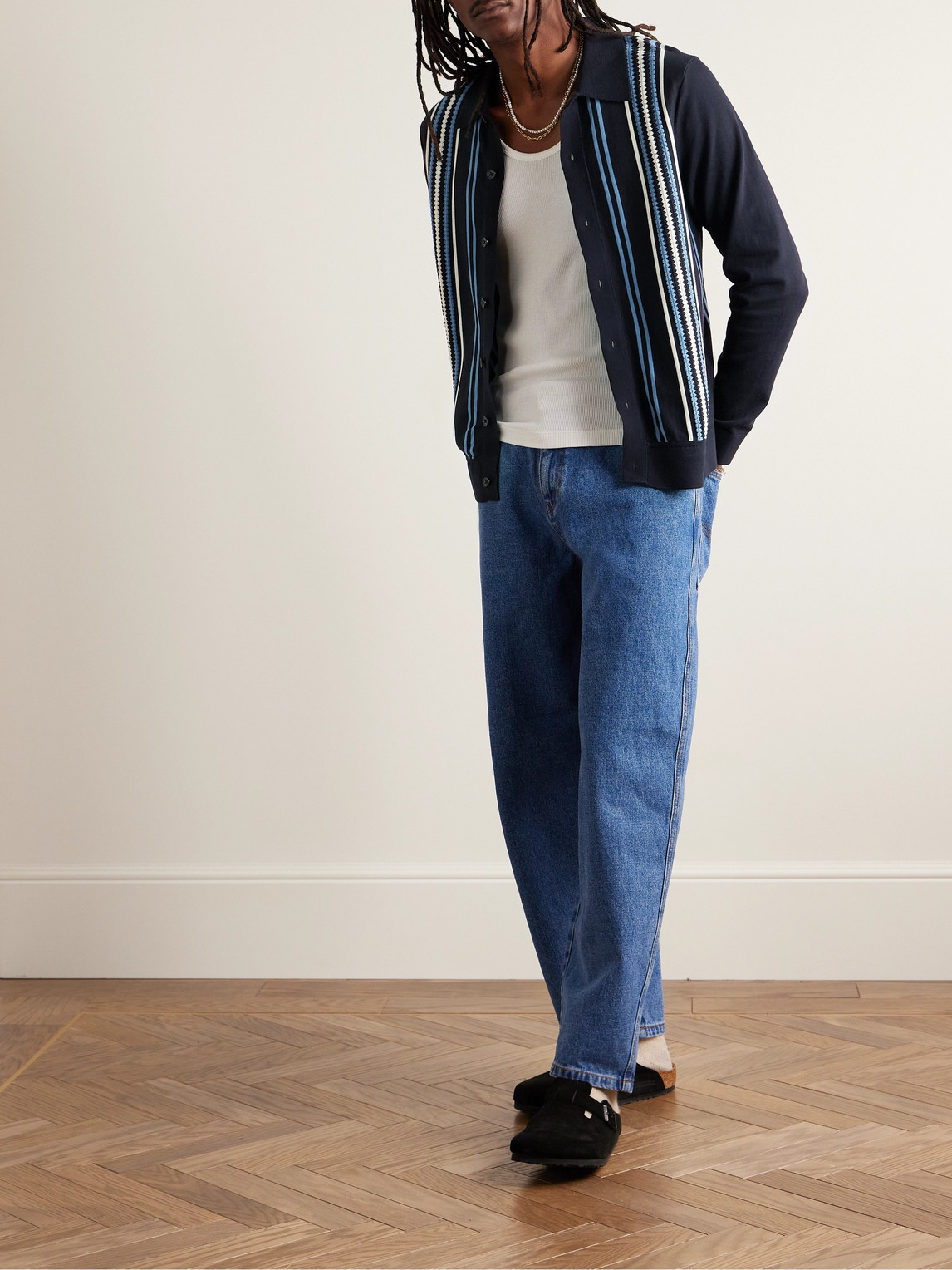 Shop Guest In Residence Plaza Slim-fit Striped Cotton Cardigan In Blue