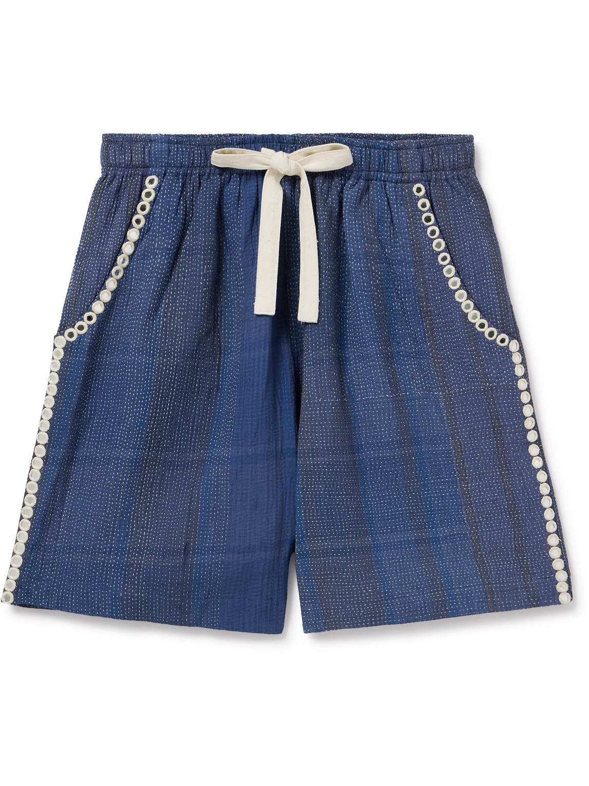 Shop Kartik Research Embellished Embroidered Cotton Drawstring Shorts In Blue