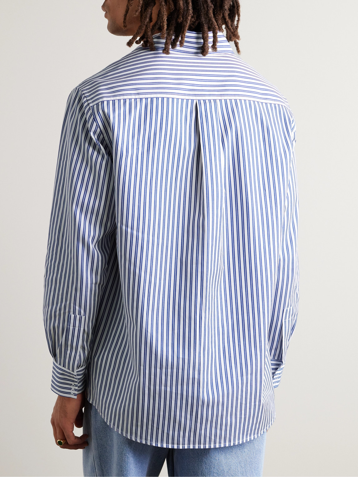 Shop Manaaki Mahi Embroidered Striped Cotton-poplin Shirt In Blue