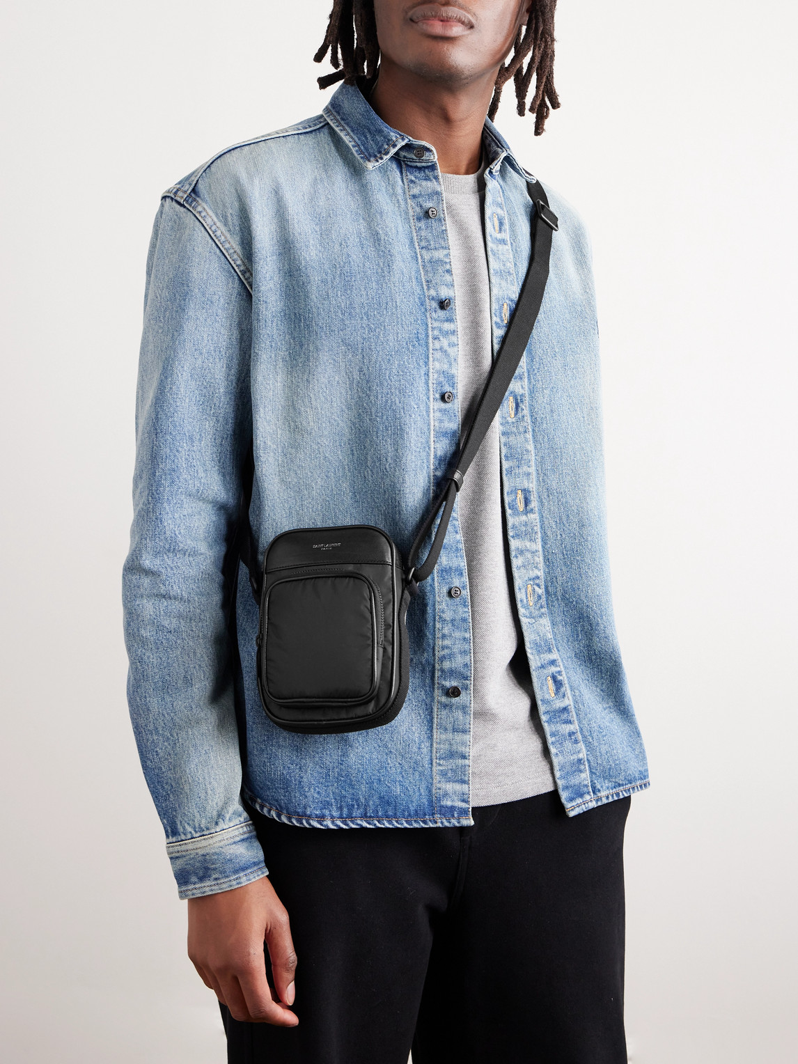 Shop Saint Laurent City Mini Logo-print Leather-trimmed Shell Camera Bag In Black