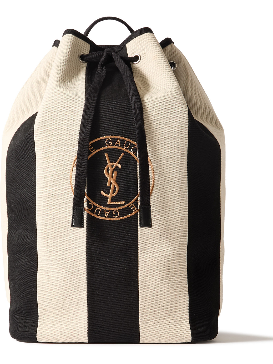 Logo-Embroidered Leather-Trimmed Striped Cotton-Canvas Sling Backpack