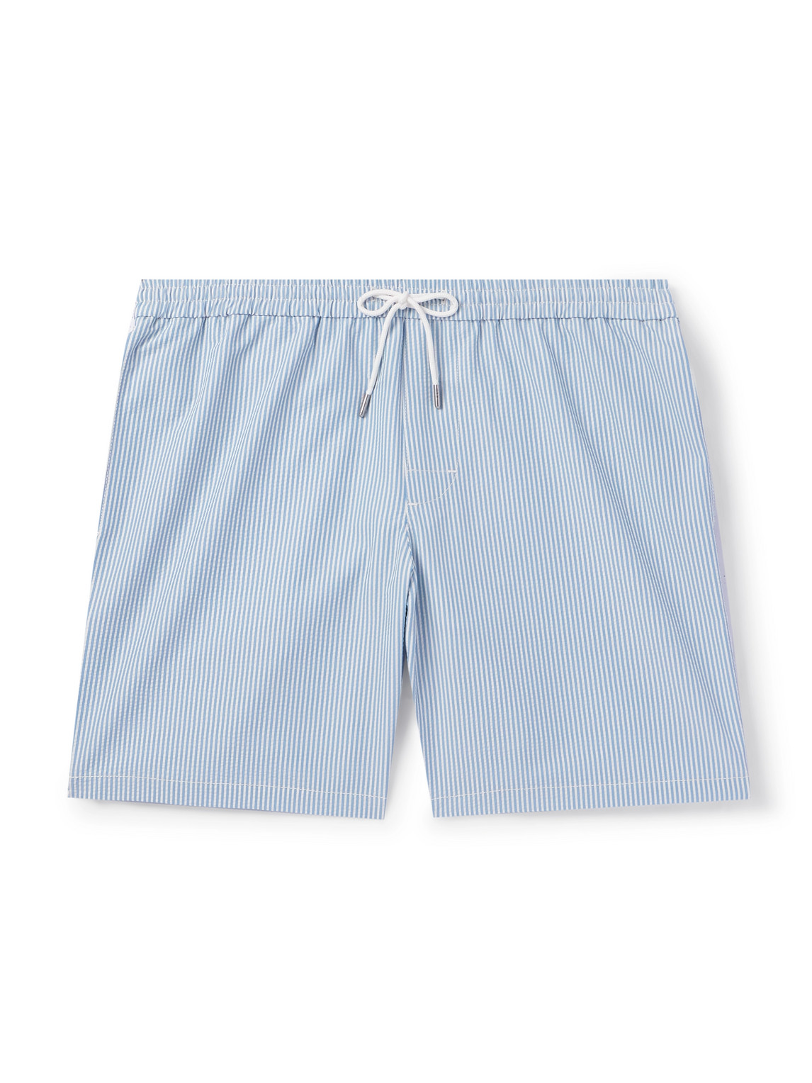 Club Monaco Bo Straight-leg Mid-length Striped Seersucker Swim Shorts In Blue